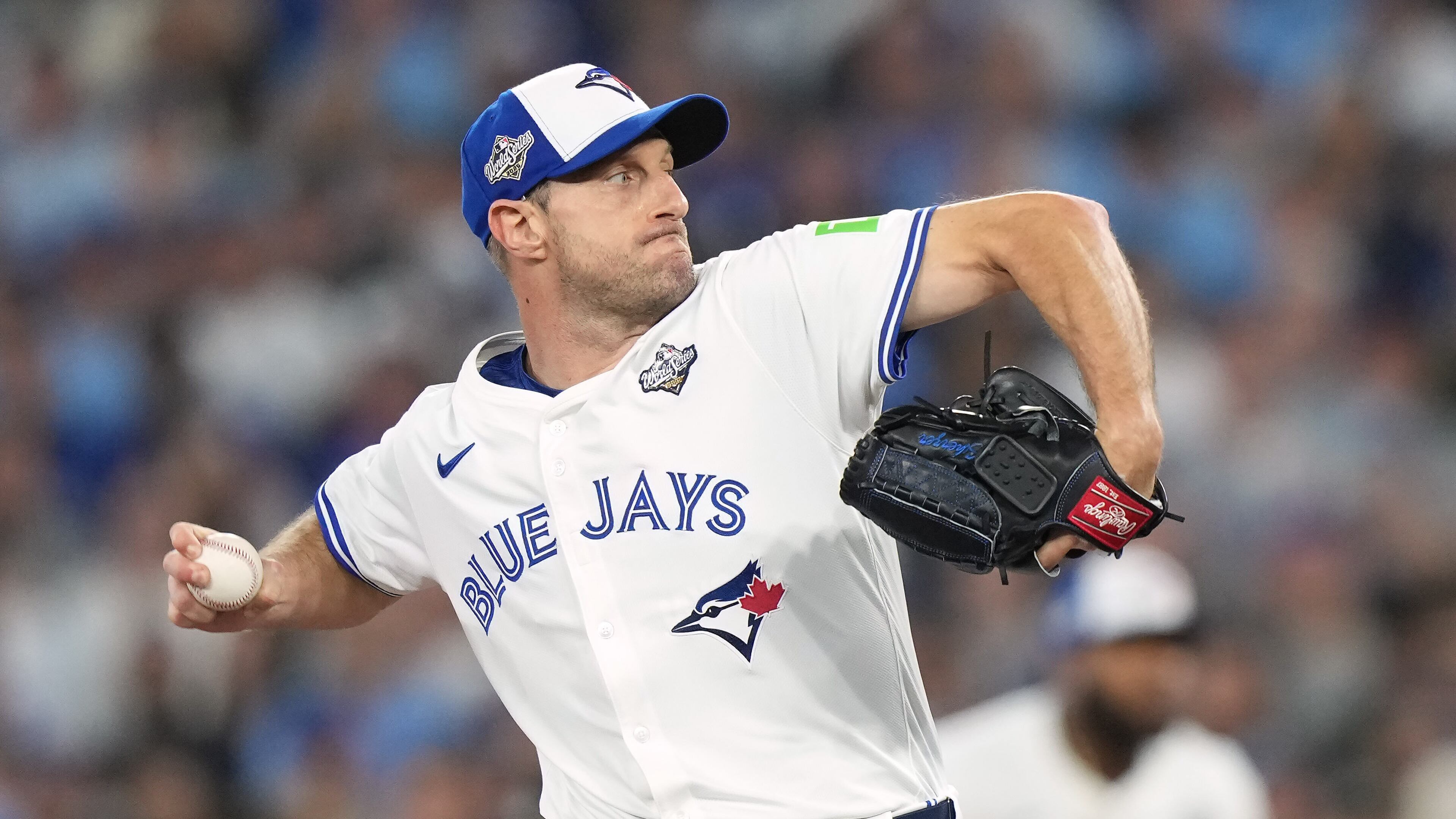 FILE - Toronto Blue Jays pitcher Max Scherzer (31) delivers a pitch against the Los Angeles Dodgers during first inning in Game 7 of baseball's World Series in Toronto, Saturday, Nov. 1, 2025. (Nathan Denette/The Canadian Press via AP, File)