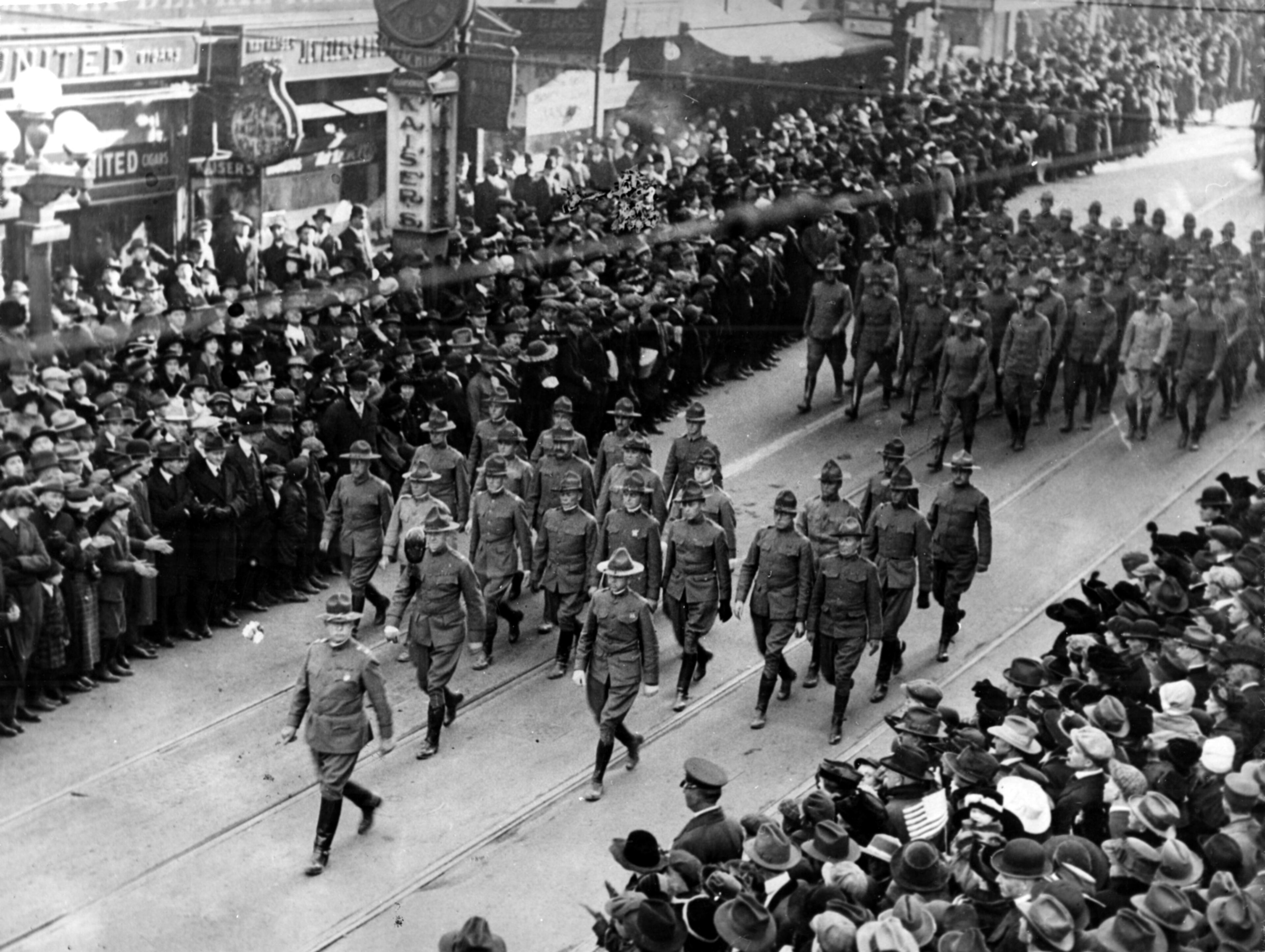 The 82nd Rainbow Division, led by General Ebon Swift, their first commander, parades down Peachtree Street circa 1918.