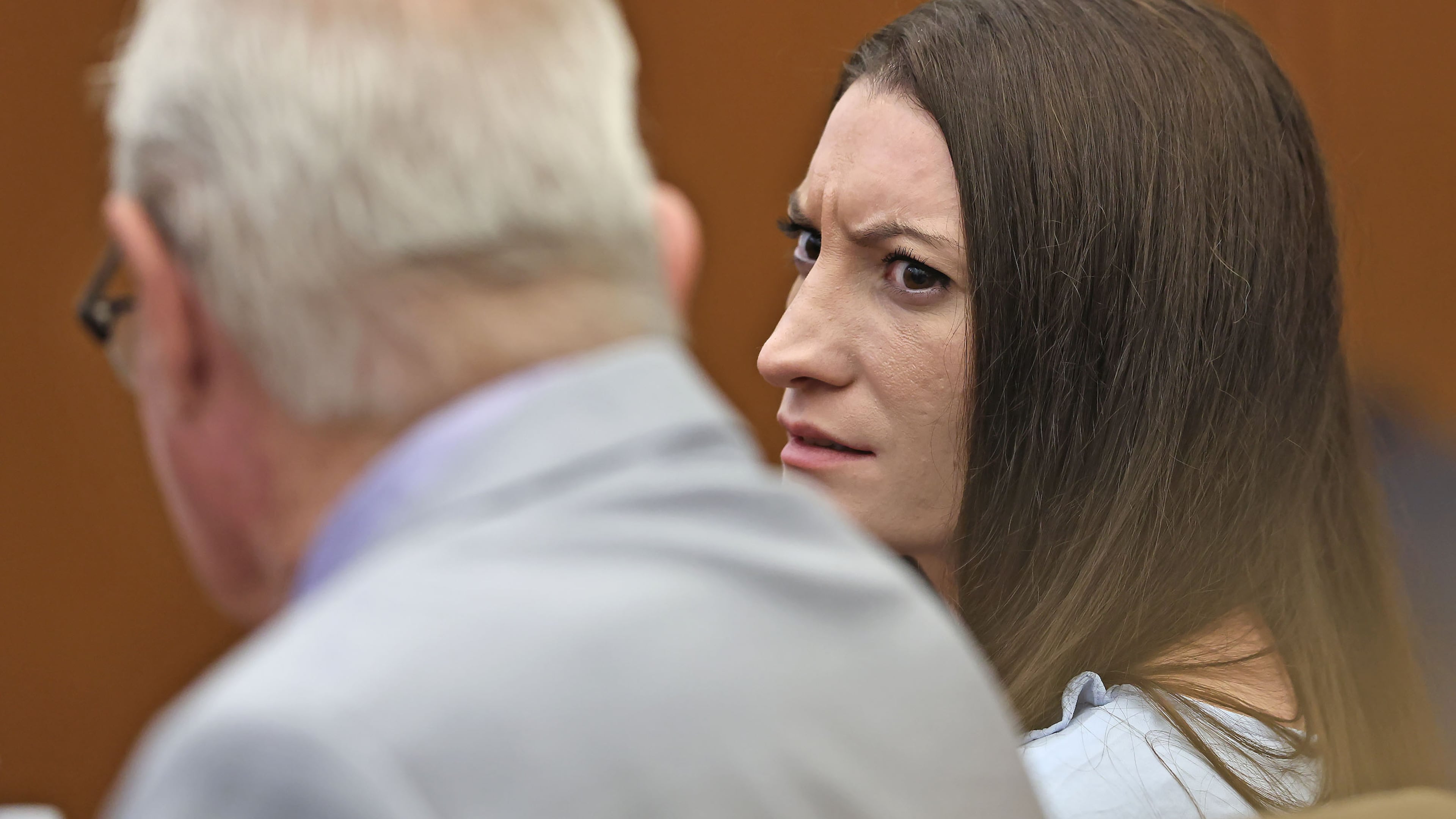 Lindsay Clancy reacts to news that a woman was arrested for recording images of the jury at Plymouth Superior Court in Plymouth, Mass., Wednesday, Sept. 2, 2026. (Greg Derr/The Patriot Ledger via AP, Pool)