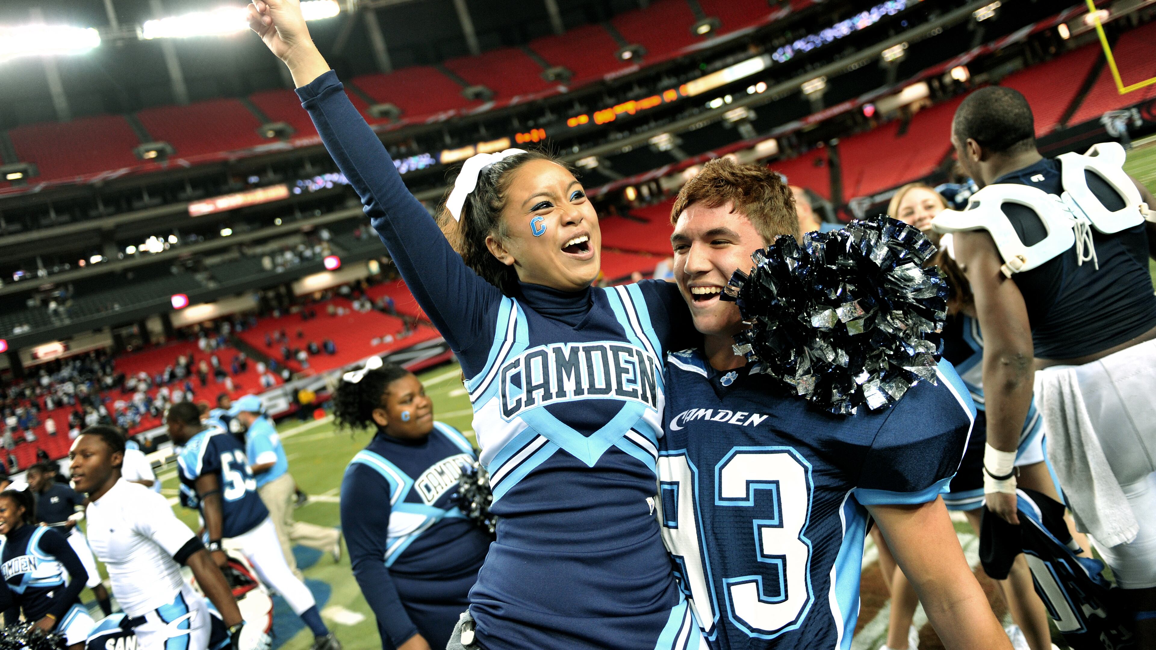 081213. ATLANTA. Peachtree Ridge (royal blue/white) high school versus Camden County (blue/white) high school in the state Class AAAAA football championship at the Georgia Dome on Saturday, Dec. 13, 2008. RICH ADDICKS / raddicks@ajc.com