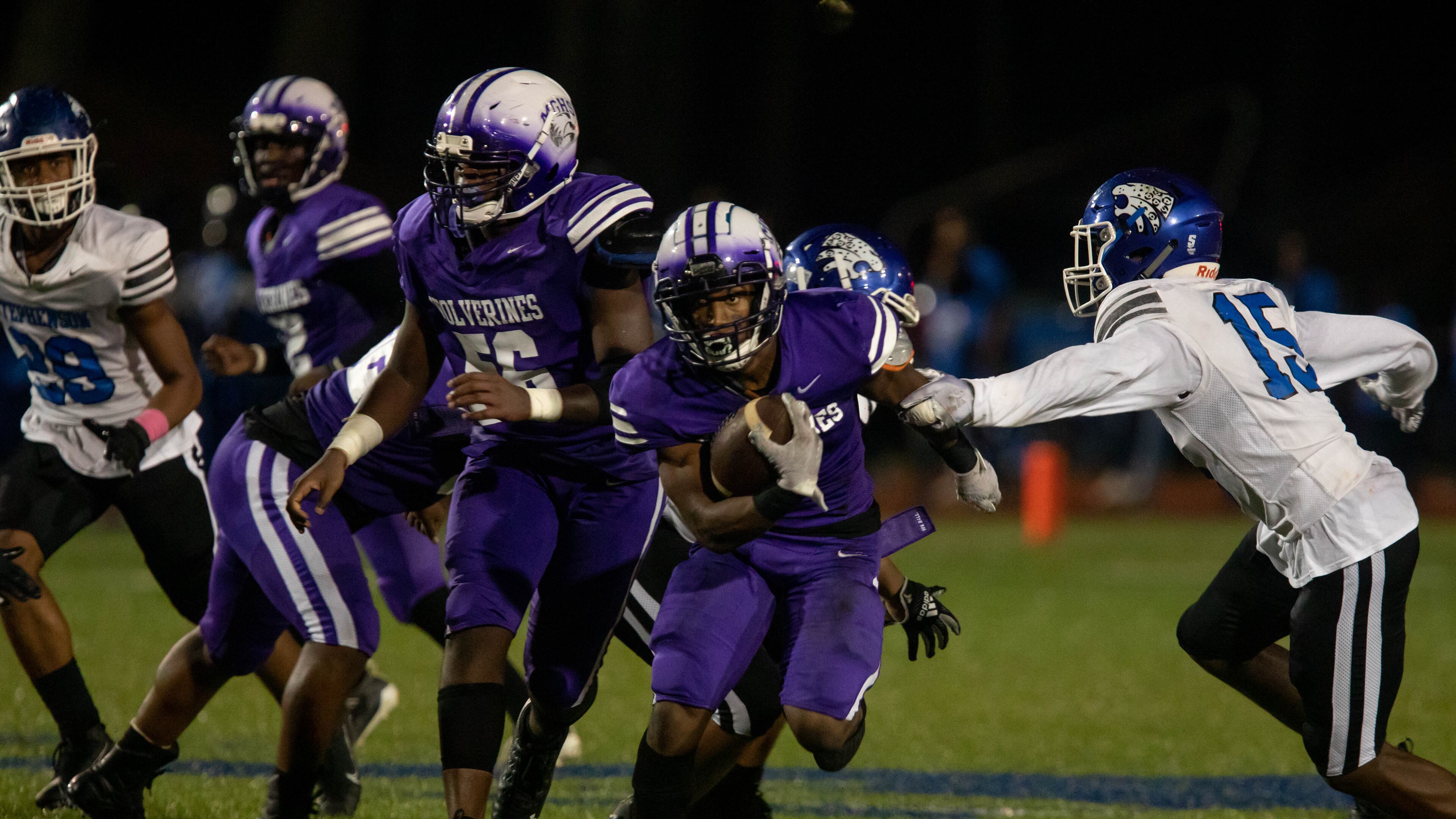 Miller Grove's Jayden Brown (1) carries the ball during a GHSA high school football game between Stephenson High School and Miller Grove High School at James R. Hallford Stadium in Clarkston, GA., on Friday, Oct. 8, 2021. (Photo/Jenn Finch)