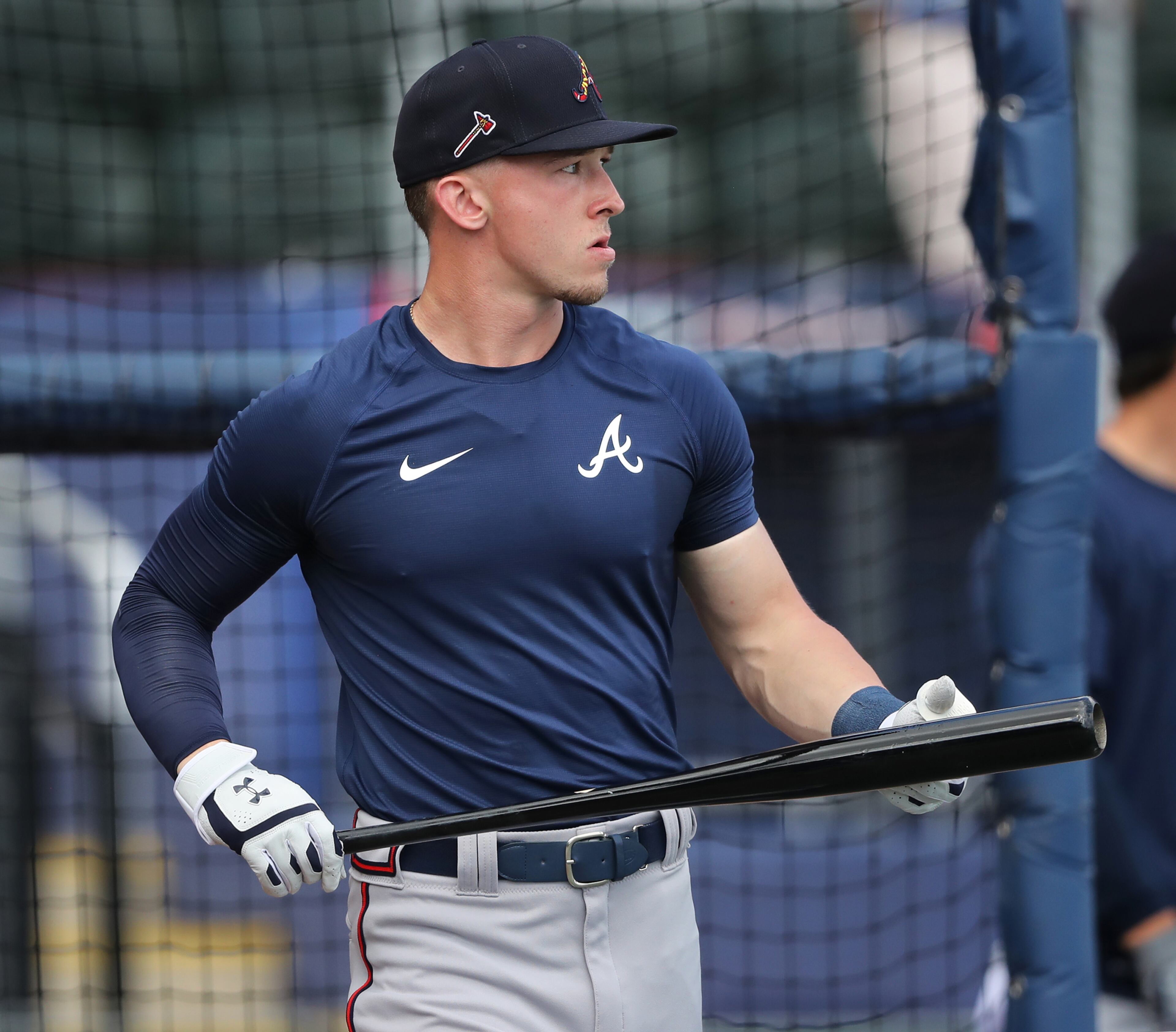 Waters takes a look at what's going on in the outfield after his batting practice season. (Curtis Compton ccompton@ajc.com).