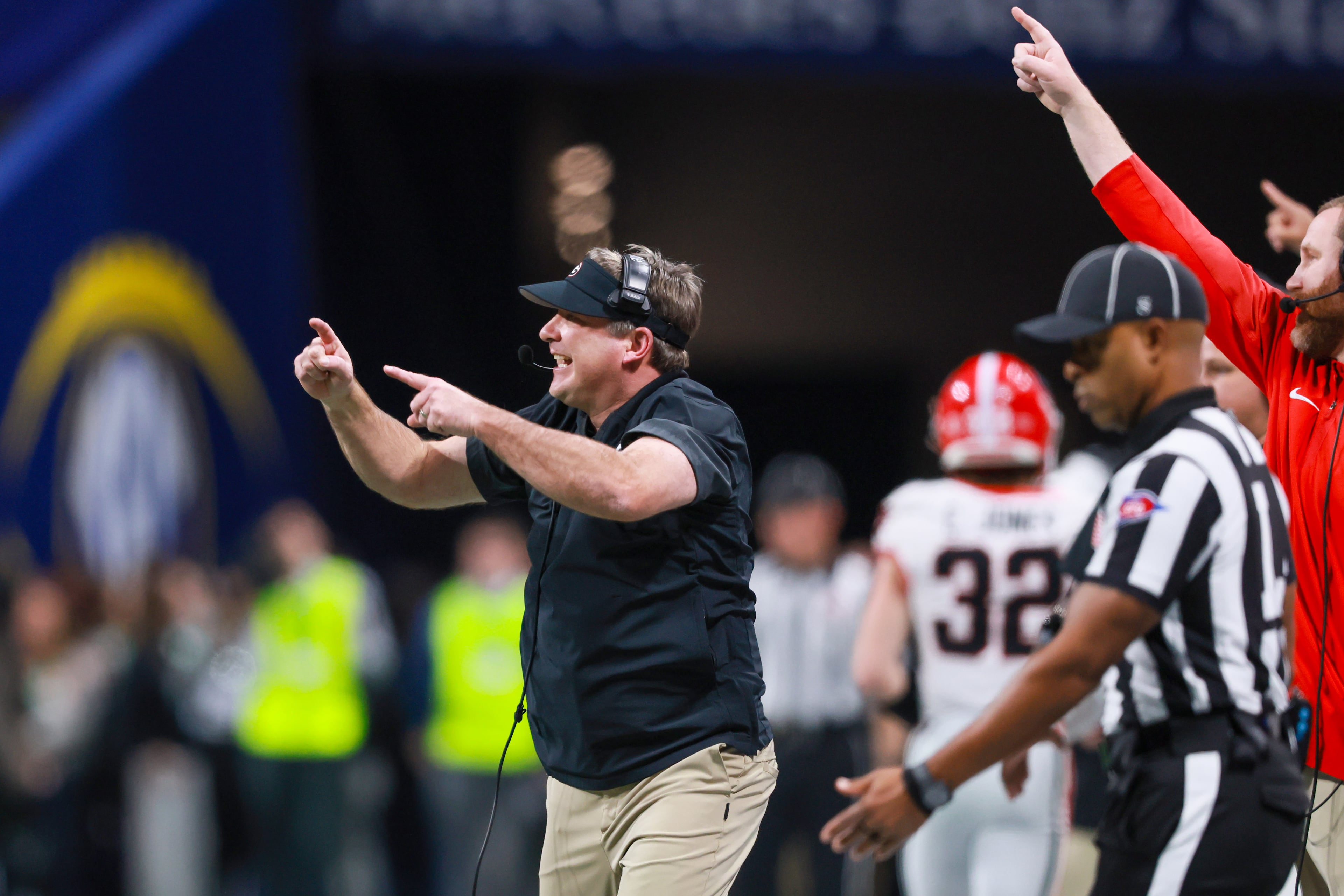 Georgia head coach Kirby Smart reacts on the sideline after an Alabama punt during the second quarter of the SEC Championship game at Mercedes-Benz Stadium, Saturday, Dec. 6, 2025, in Atlanta. (Jason Getz / AJC)