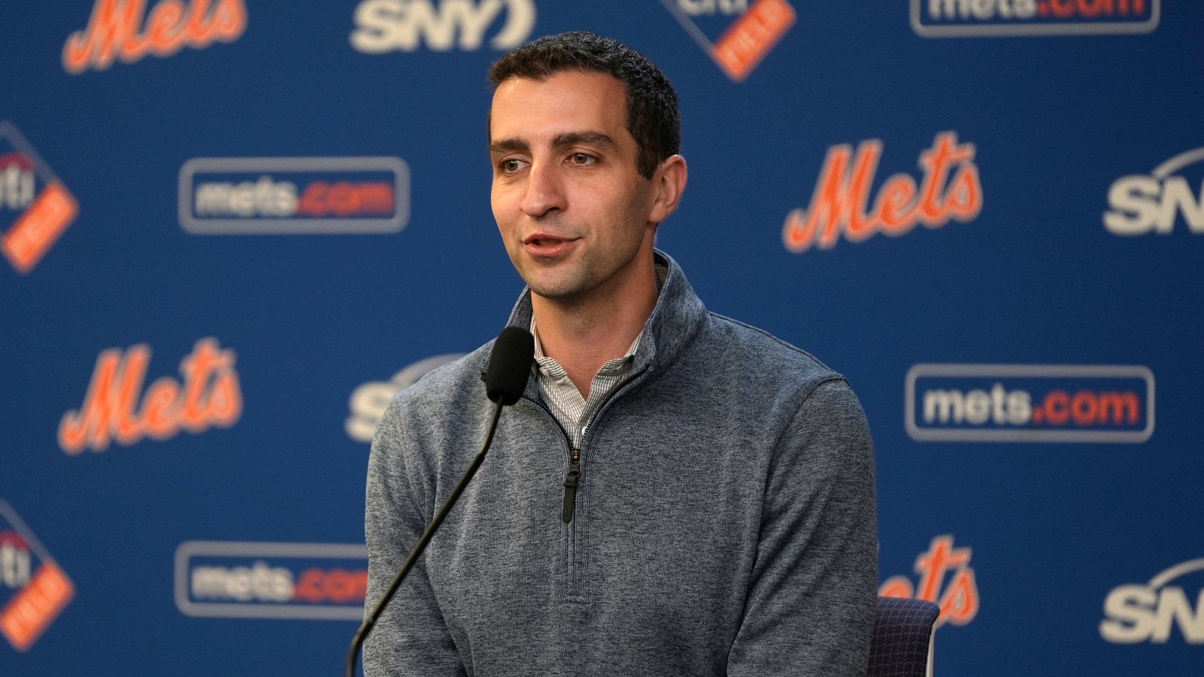 FILE - New York Mets President of Baseball Operations David Stearns responds to questions during a news conference about MLB trade deadline deals, Tuesday, July 30, 2024, in New York. (AP Photo/Pamela Smith, File)