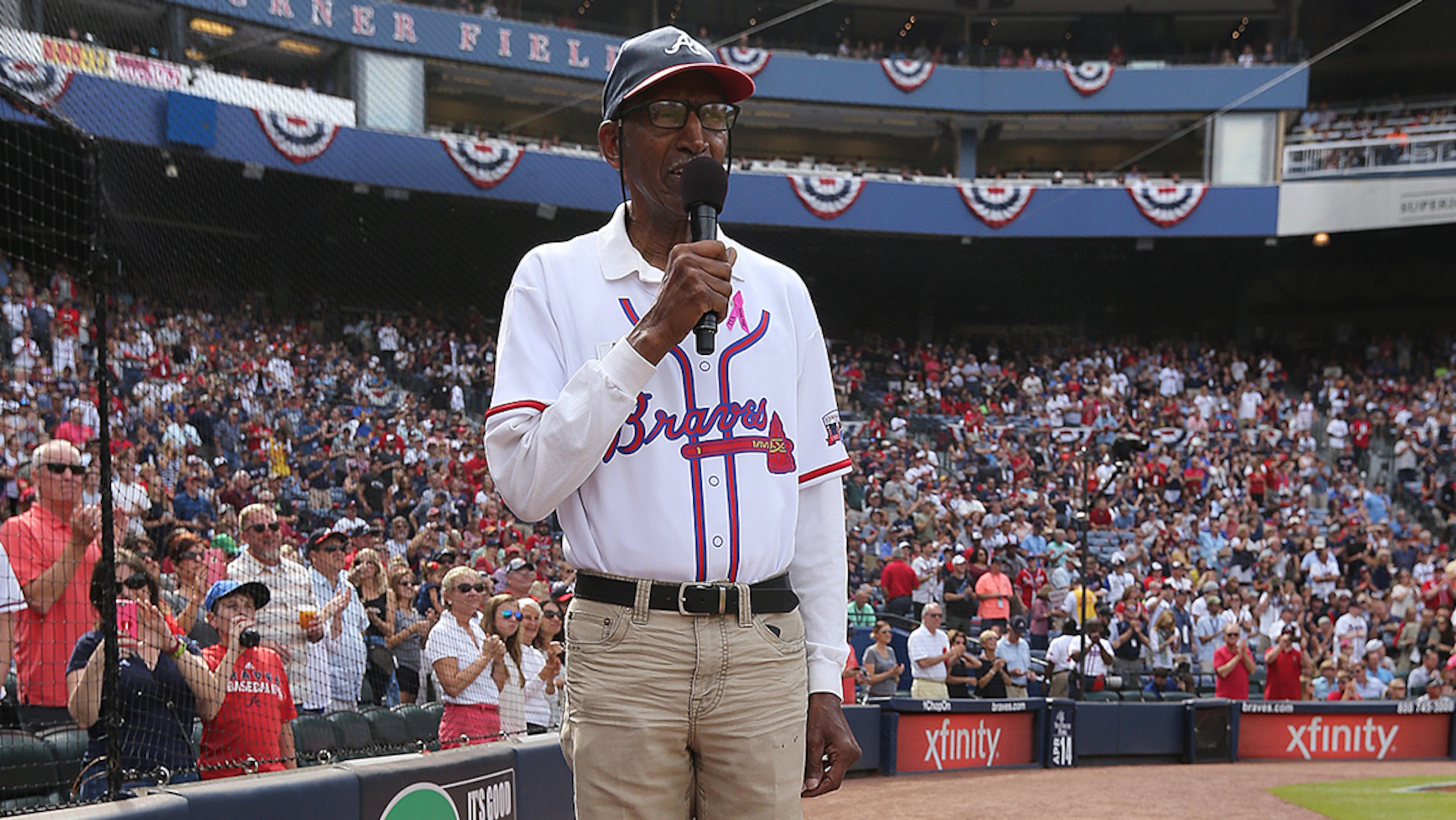 October 02, 2016 Atlanta: Long time Braves usher Walter Banks annouces the final ââ¬Ålets play ballââ¬Â at Turner Field on Sunday, Oct. 2, 2016, in Atlanta. The team will move to a new stadium in Cobb County for the 2017 season. Curtis Compton /ccompton@ajc.com