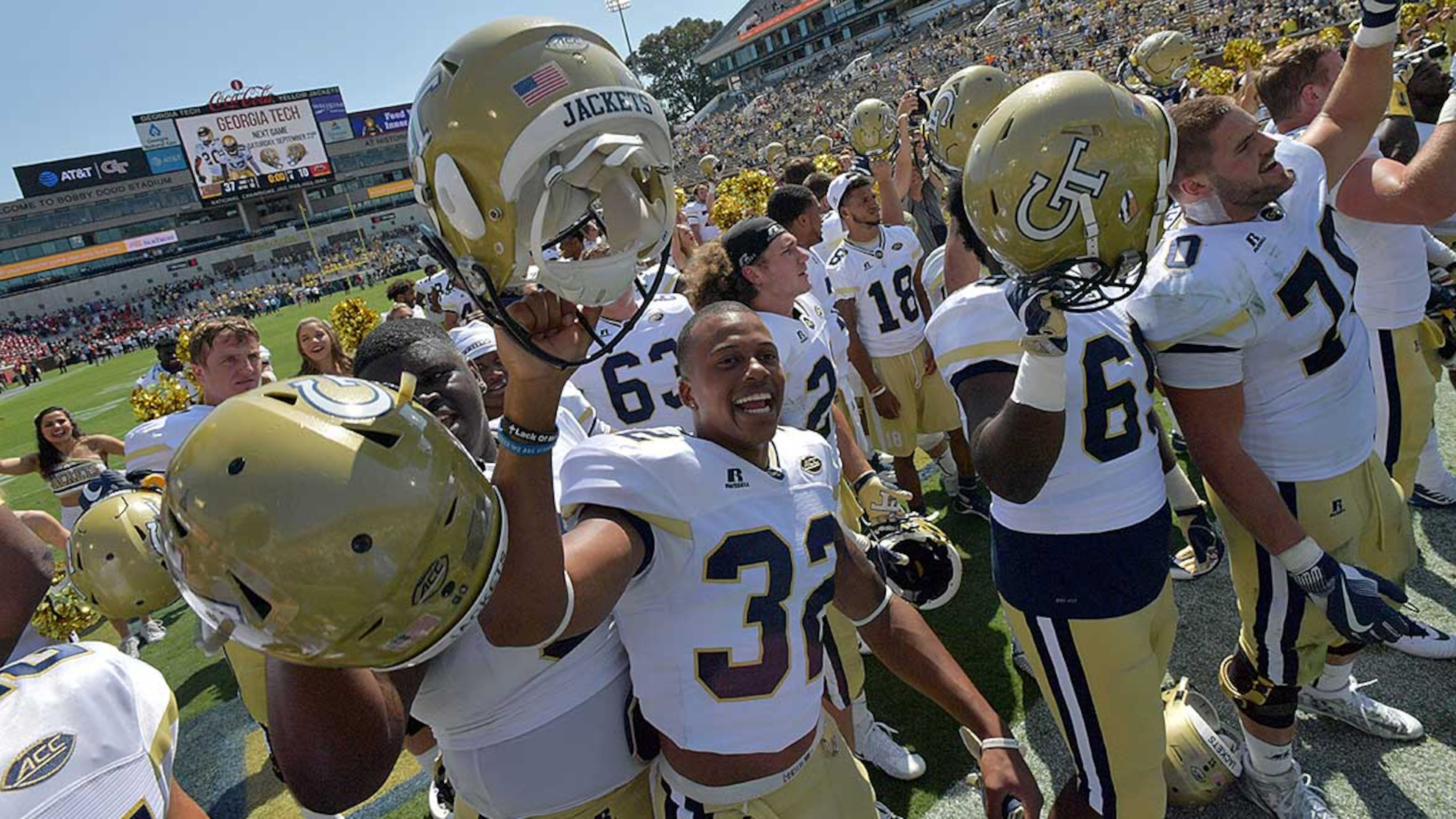 Georgia Tech players celebrate after the 37-10 victory over Jacksonville State Sept. 9. The Jackets will face Pitt in their ACC opener Saturday at Bobby Dodd Stadium. Hyosub Shin/hshin@ajc.com