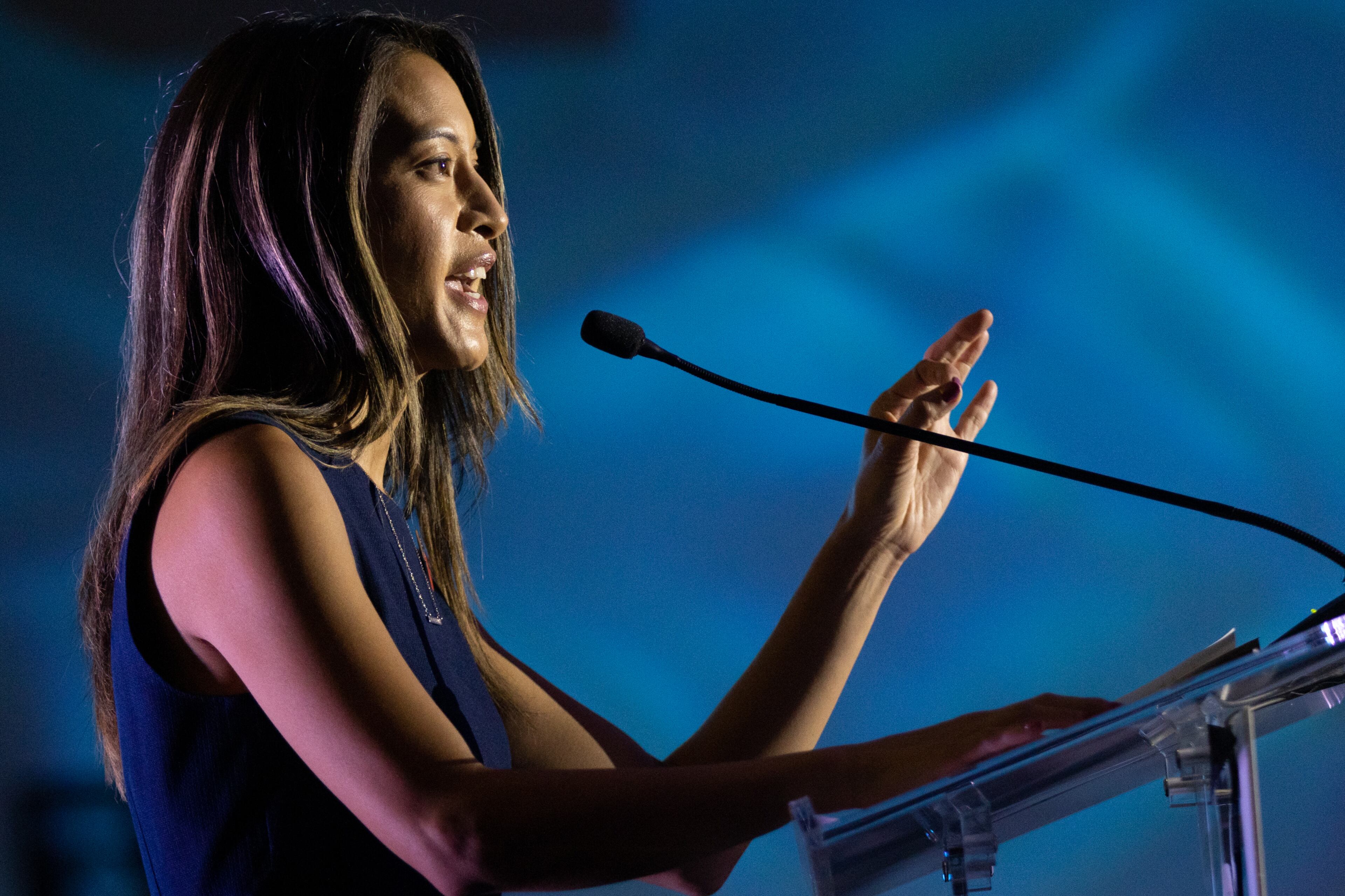 Democrat Bee Nguyen criticized her rival, Republican Secretary of State Brad Raffensperger, for his handling of a breach of election equipment in Coffee County by supporters of President Donald Trump after the 2020 election. Nguyen, who is running for Secretary of State, is pictured speaking at the Democratic Party of Georgia’s State Convention in Columbus, Georgia, Saturday, August 27, 2022. Schaefer/steve.schaefer@ajc.com)