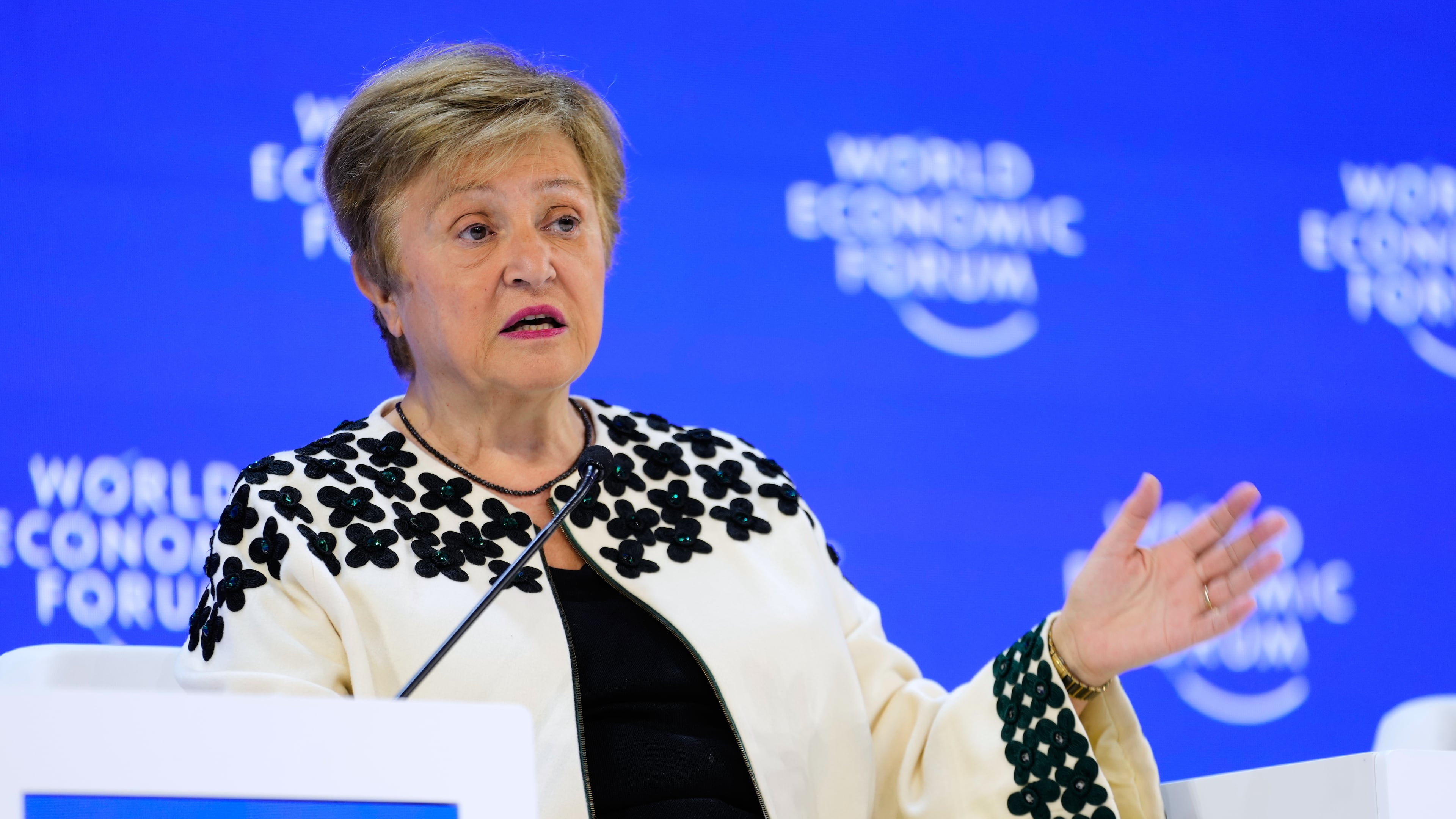 Kristalina Georgieva, Managing Director of the International Monetary Fund, attends the Annual Meeting of the World Economic Forum in Davos, Switzerland, Friday, Jan. 23, 2026. (AP Photo/Markus Schreiber)