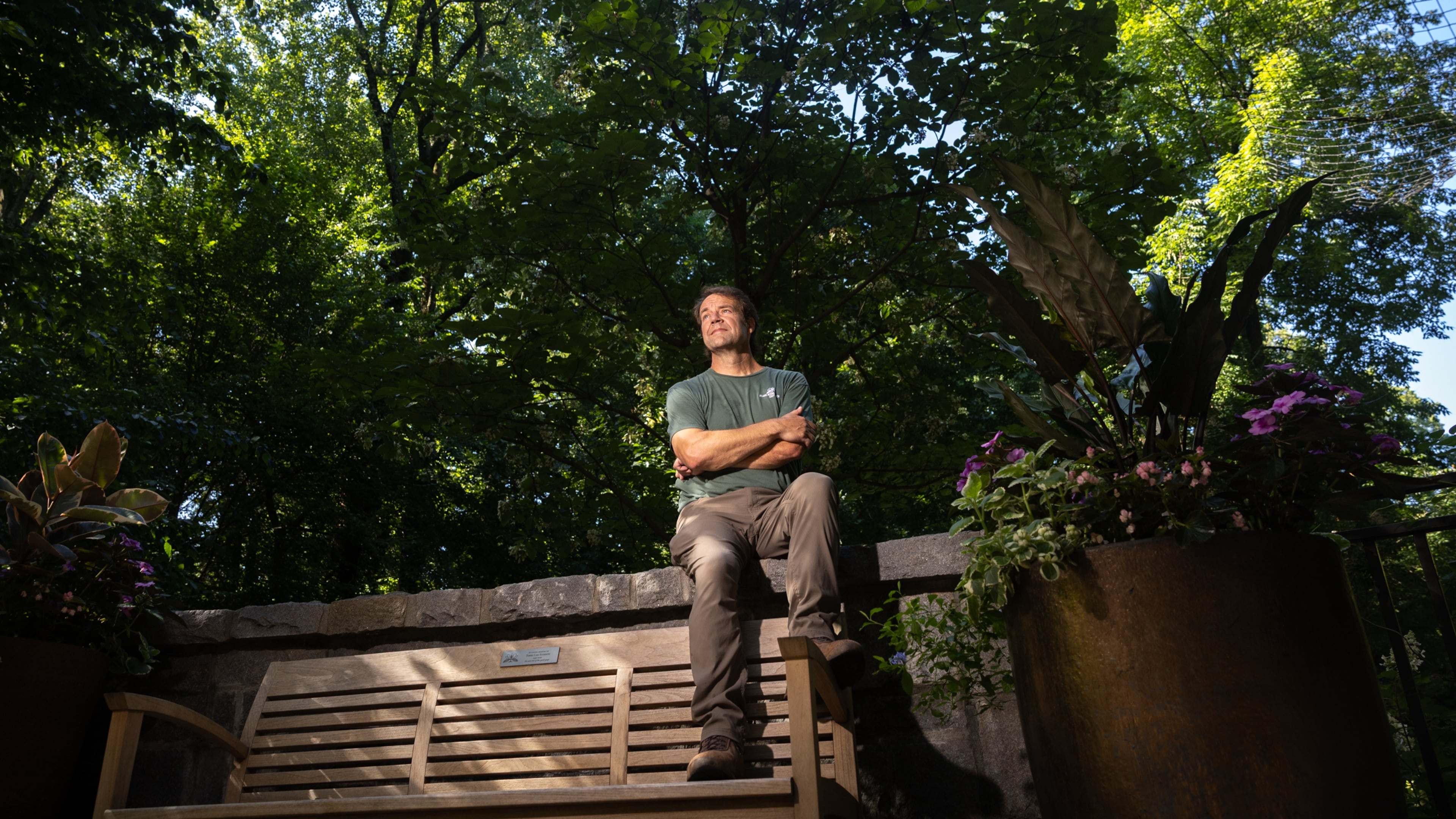 Scott McMahan, vice president of horticulture and collections, sits in front of a rare Chinese emmenopterys henryi tree at Atlanta Botanical Garden. (Arvin Temkar/AJC)