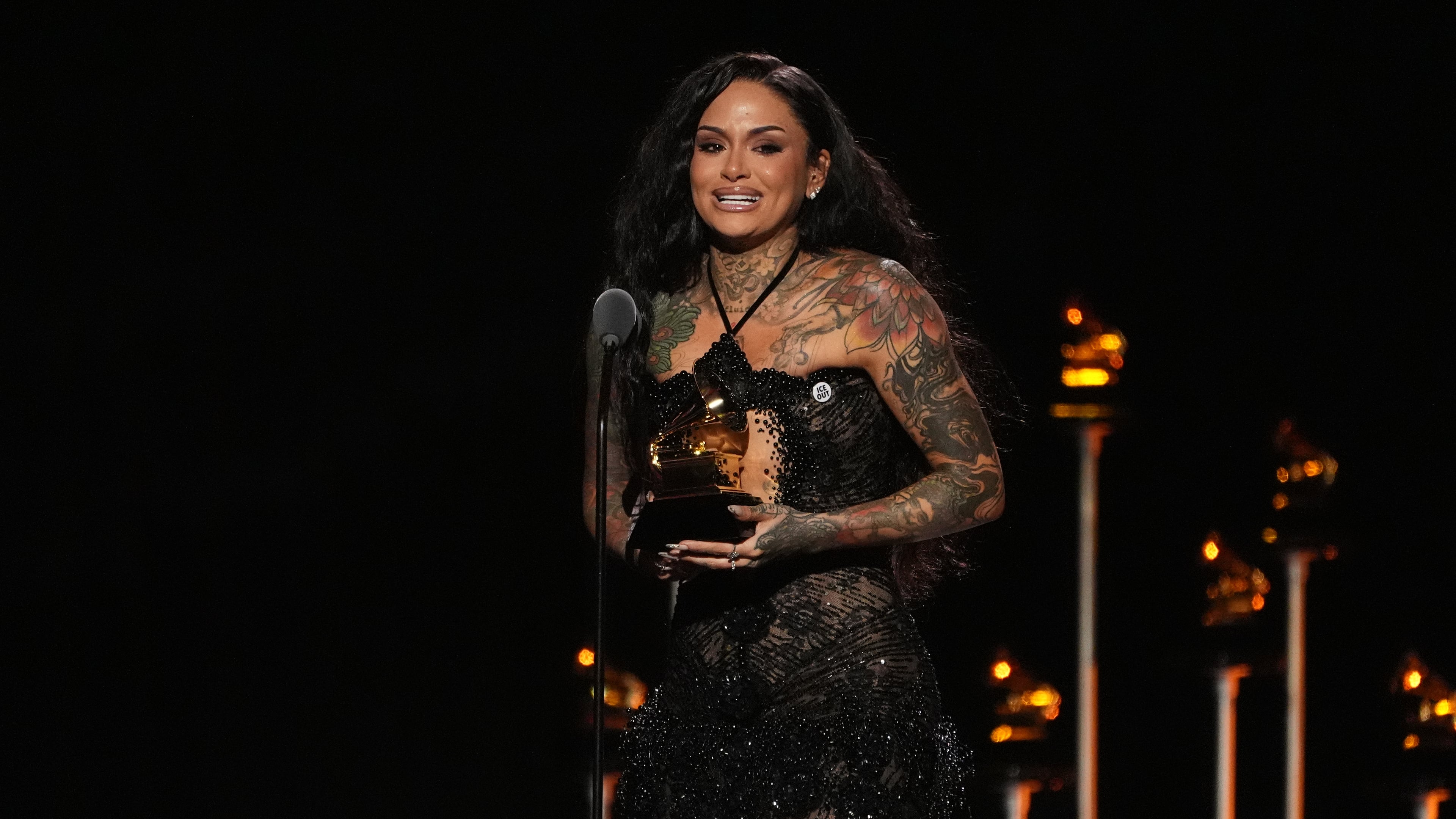 Kehlani accepts the award for best R&B performance for "Folded" during the 68th annual Grammy Awards on Sunday, Feb. 1, 2026, in Los Angeles. (AP Photo/Chris Pizzello)