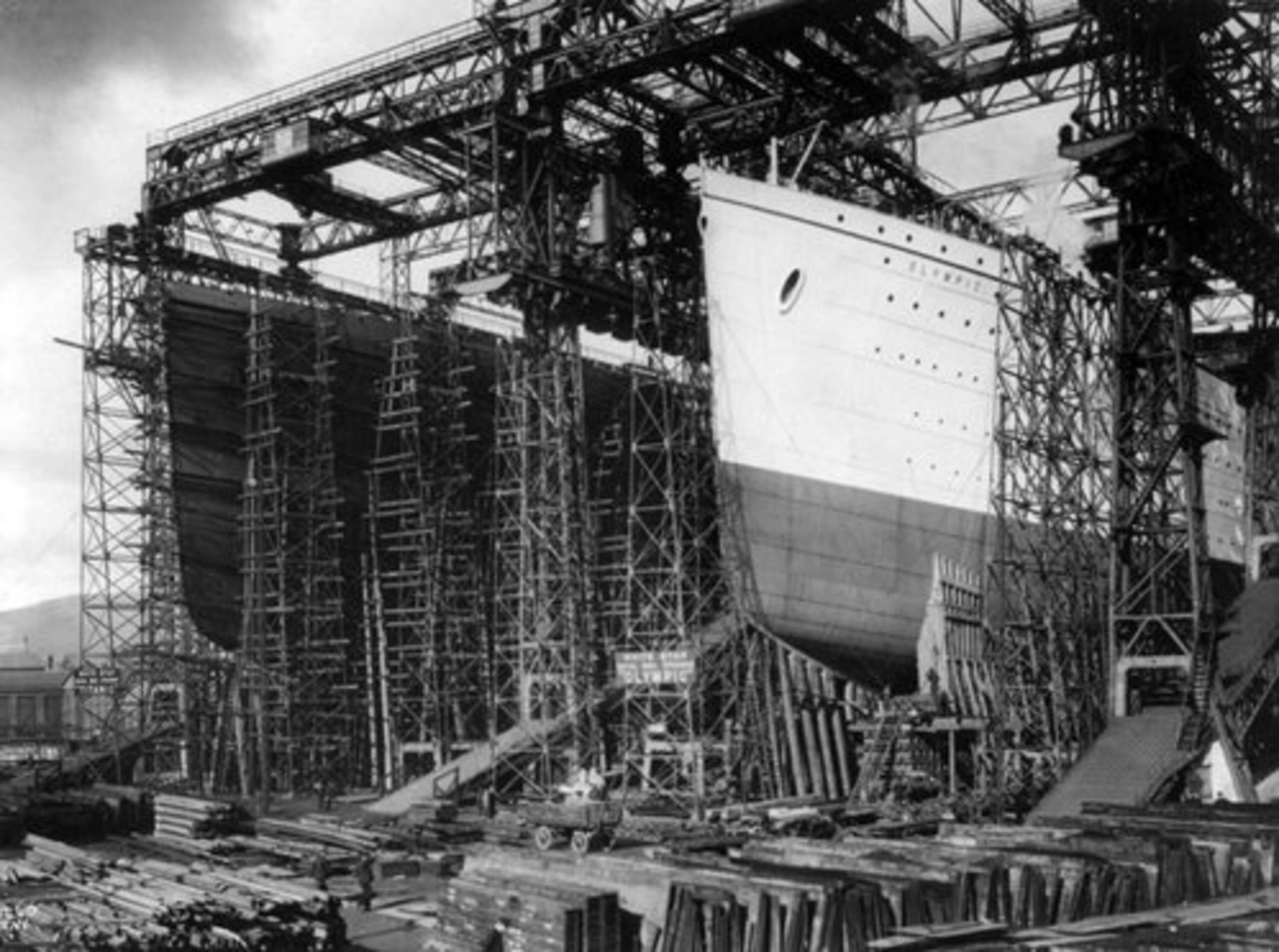 FILE - In this undated image made available by the Library of Congress the Olympic, right, and the Titanic are surrounded by scaffolding during construction in a shipyard in Belfast, Northern Ireland.