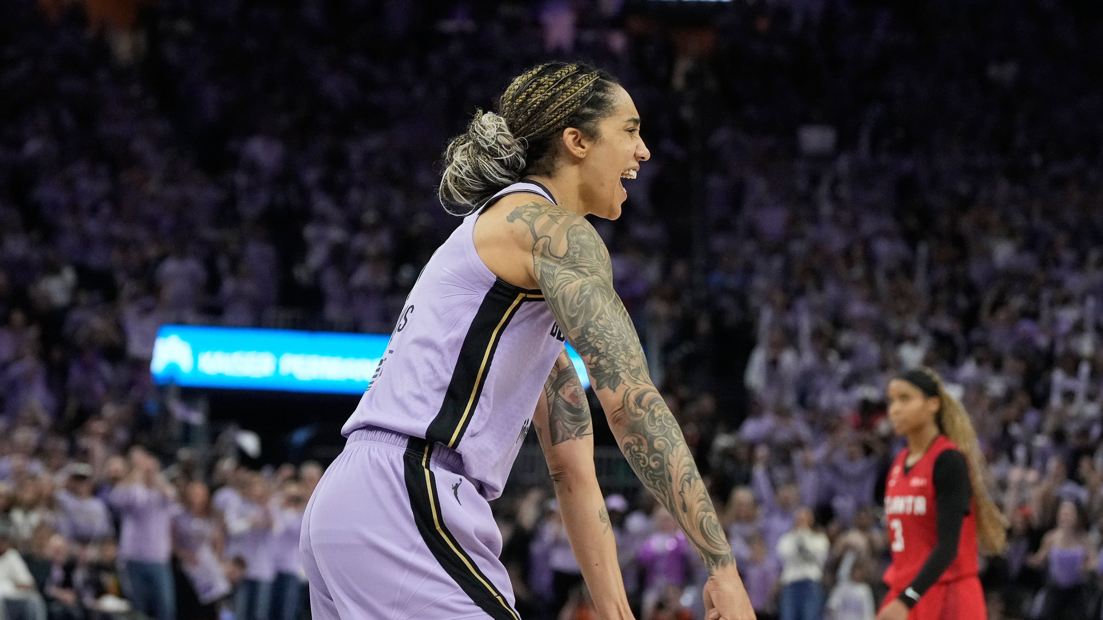 Golden State Valkyries forward Gabby Williams celebrates after Game 1 of the WNBA basketball finals against the Atlanta Dream, Saturday, Oct. 17, 2026, in San Francisco. (AP Photo/Jeff Chiu)