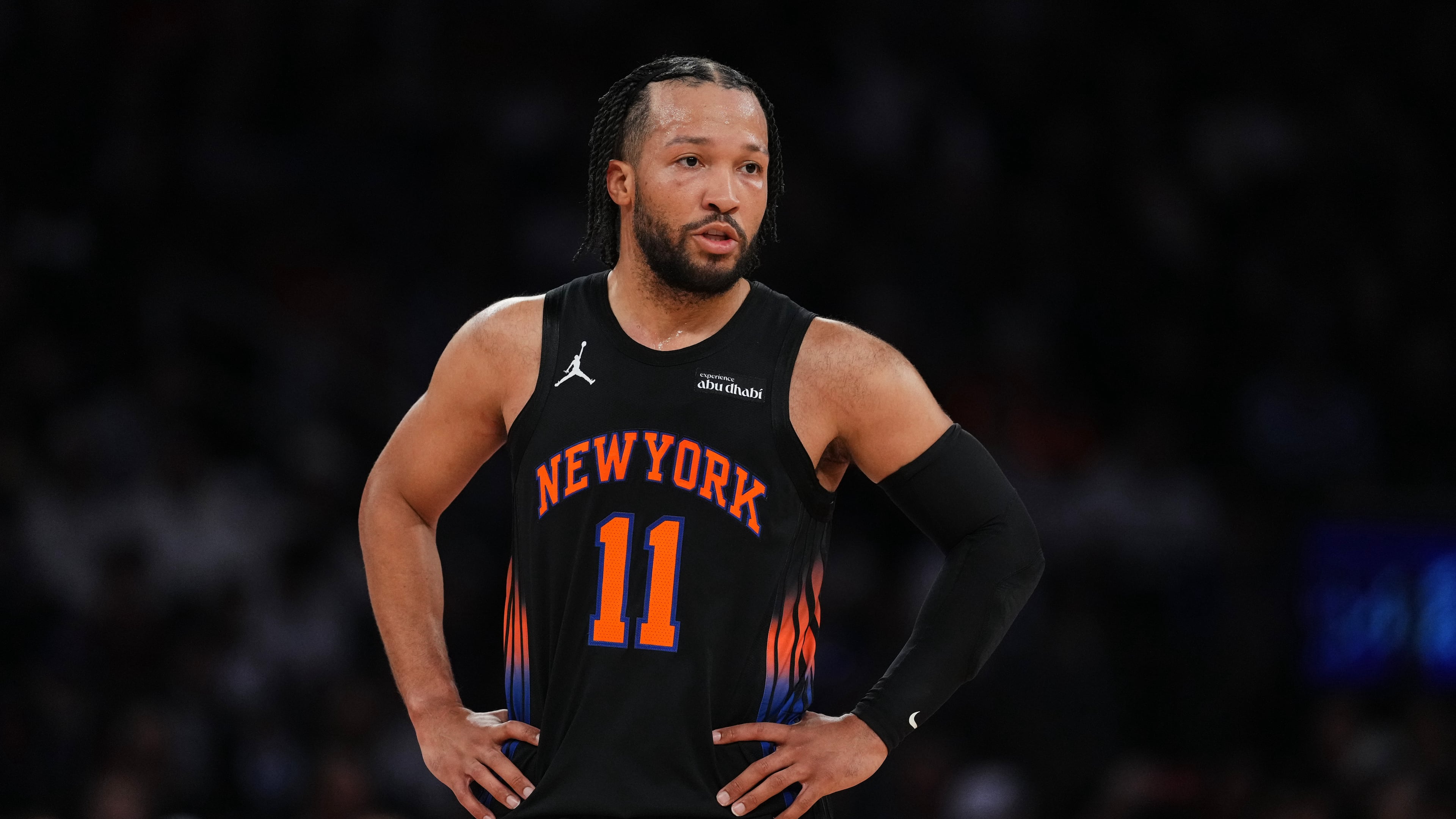New York Knicks' Jalen Brunson (11) talks to a teammate during the first half in Game 5 of a first-round NBA playoffs basketball series against the Atlanta Hawks, Tuesday, April 28, 2026, in New York. (AP Photo/Frank Franklin II)