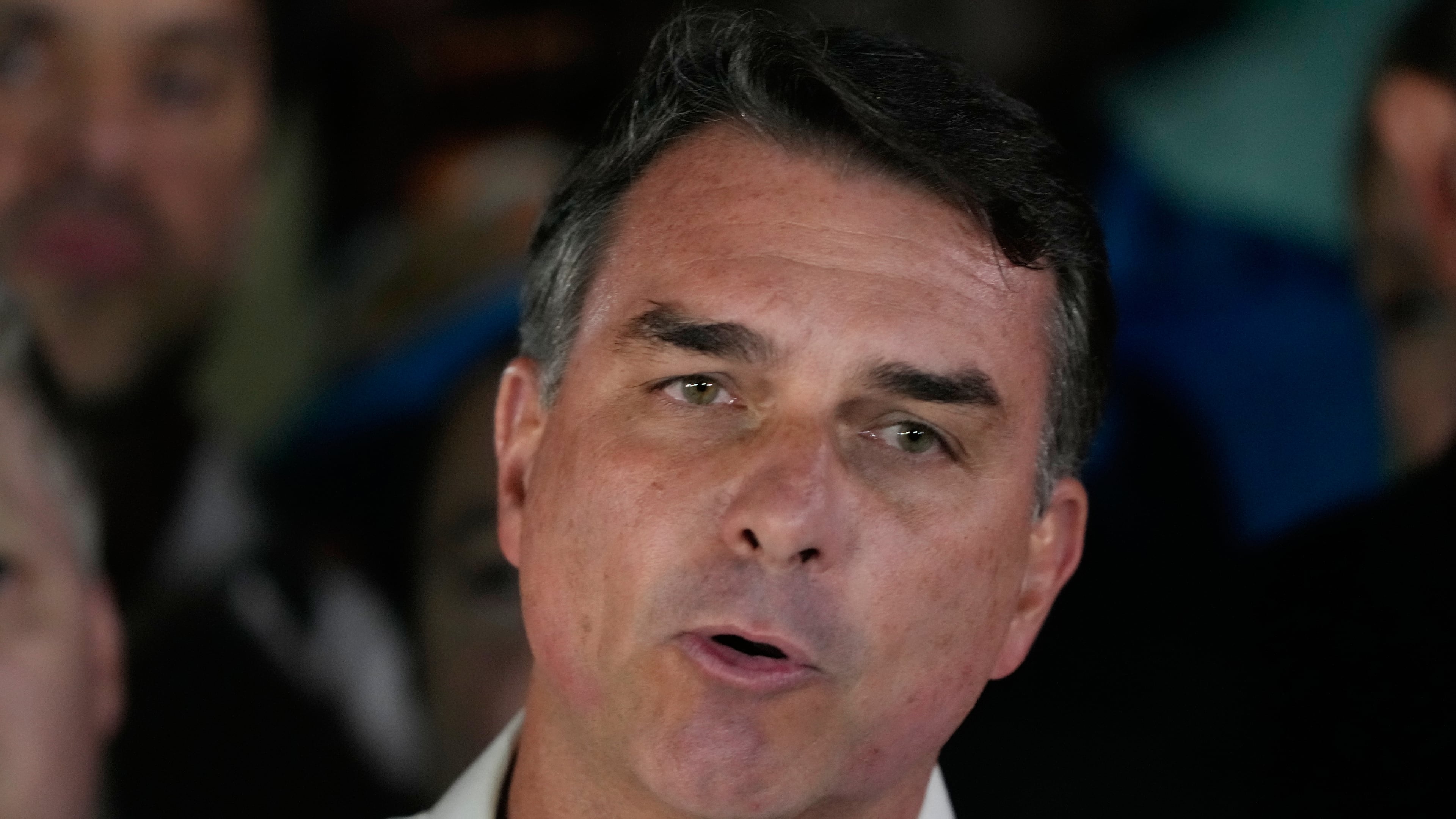 Opposition presidential candidate Sen. Flavio Bolsonaro speaks after the presidential runoff in Brasilia, Brazil, Sunday, Oct. 25, 2026. (AP Photo/Eraldo Peres)