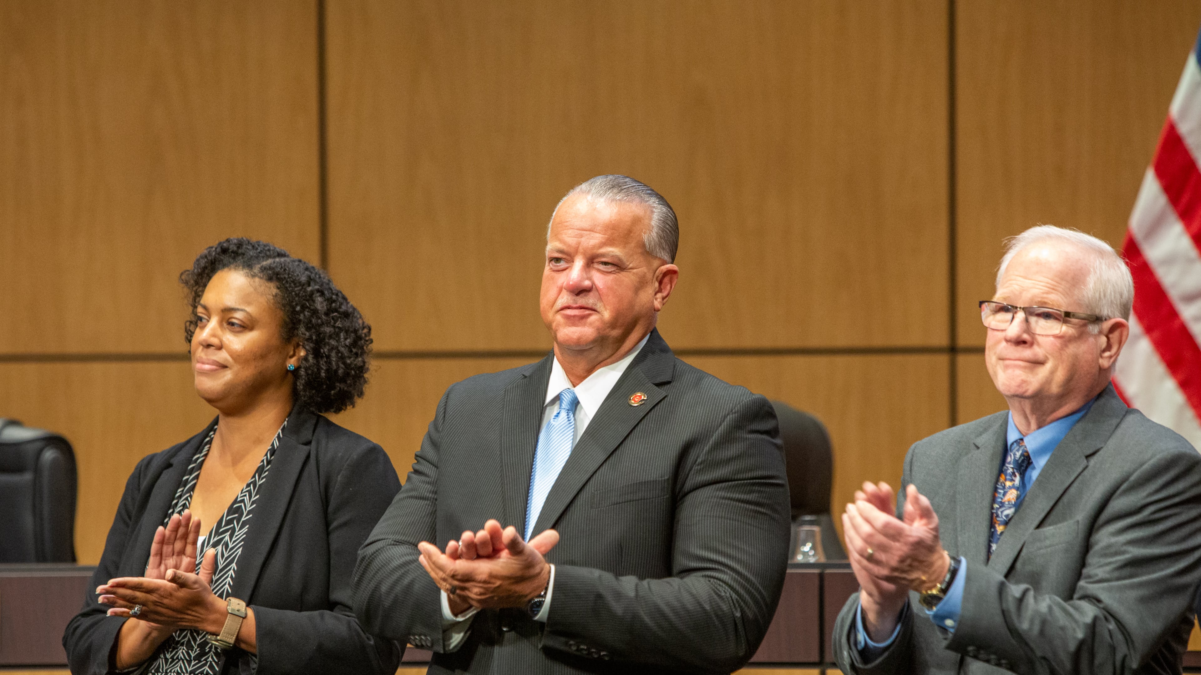 The Cobb County School Board including member Charisse Davis, from left, Superintendent Chris Ragsdale and chair David Chastain at the monthly meeting Thursday, June 9, 2022. (Jenni Girtman for The Atlanta Journal-Constitution)