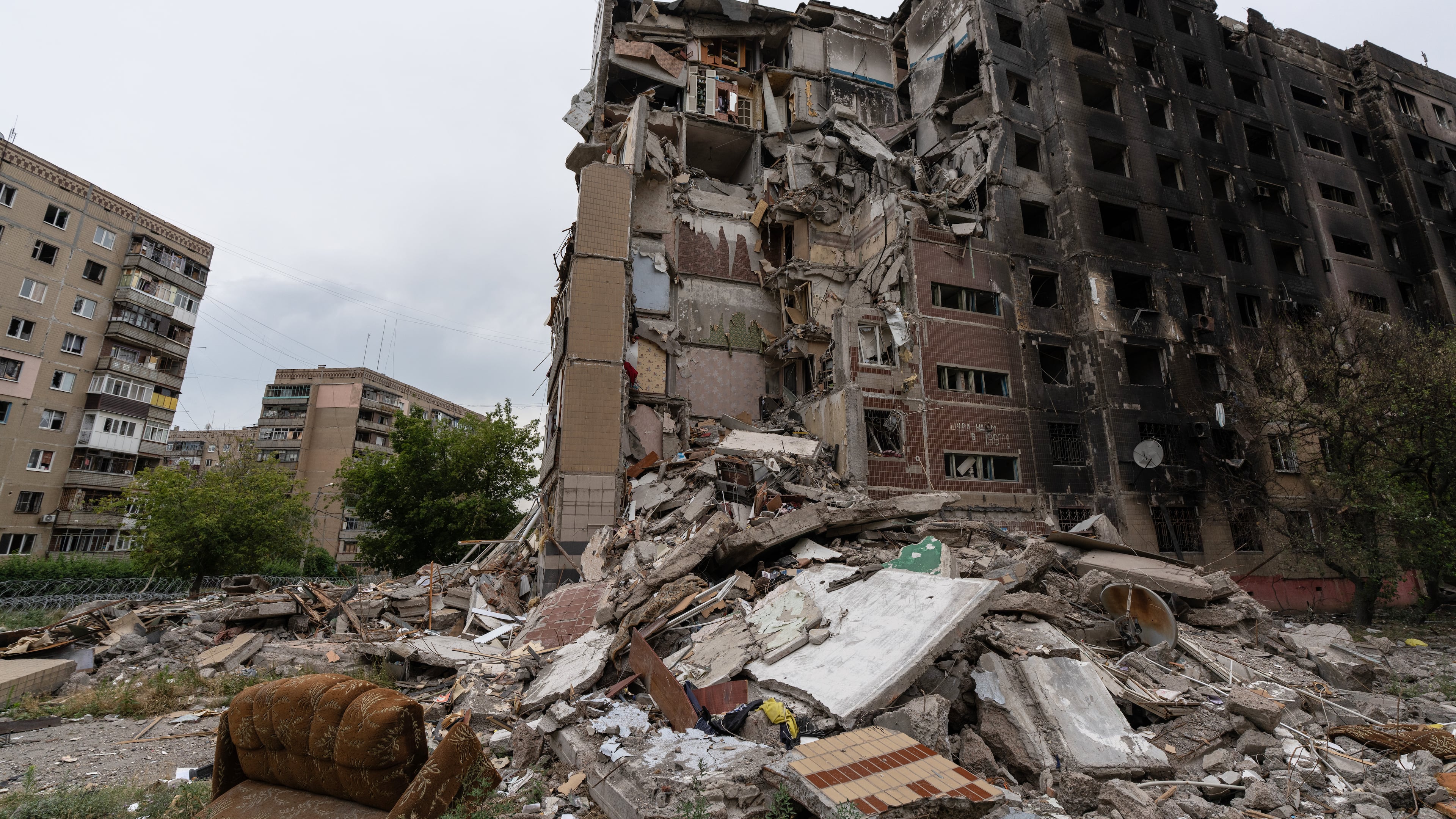 This photo provided by Ukraine's 93rd Kholodnyi Yar Separate Mechanized Brigade press service and taken Saturday, July 25, 2026, shows the damaged center of the frontline town of Druzhkivka, Donetsk region, Ukraine. (Iryna Rybakova/Ukraine's 93rd Mechanized Brigade via AP)
