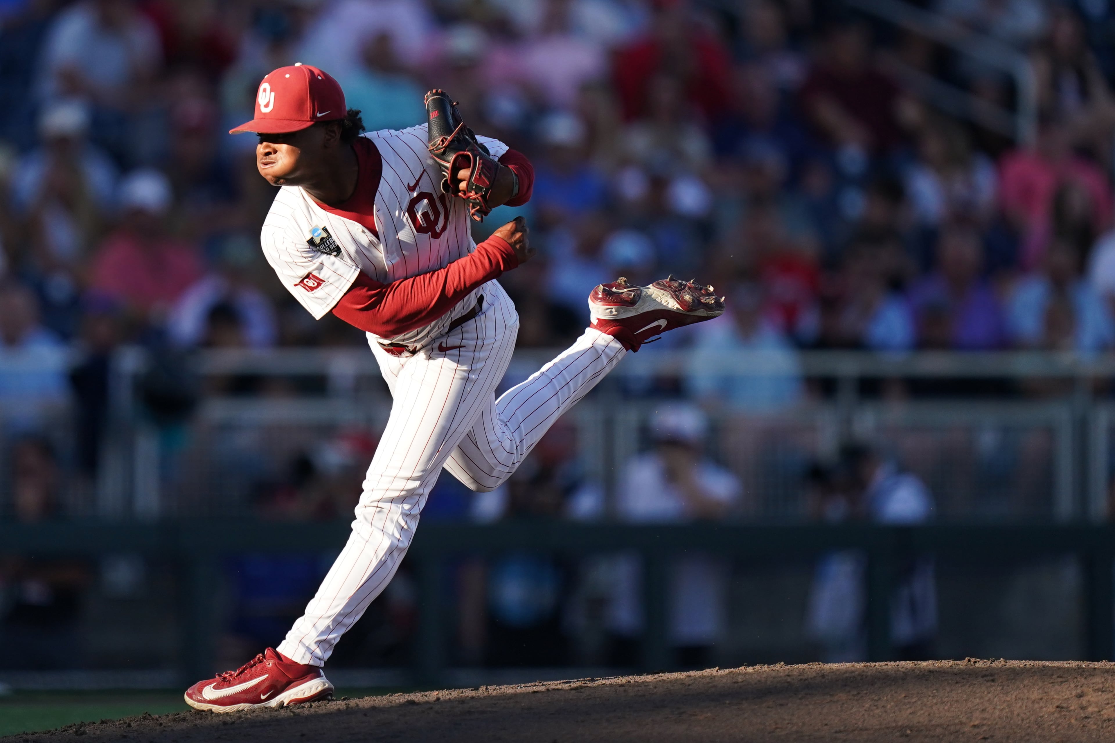 Oklahoma pitcher Xander Mercurius throws off the mound during a College World Series game against Georgia on Monday, June 15, 2026 in Omaha, Neb. (Vera Nieuwenhuis/AP)