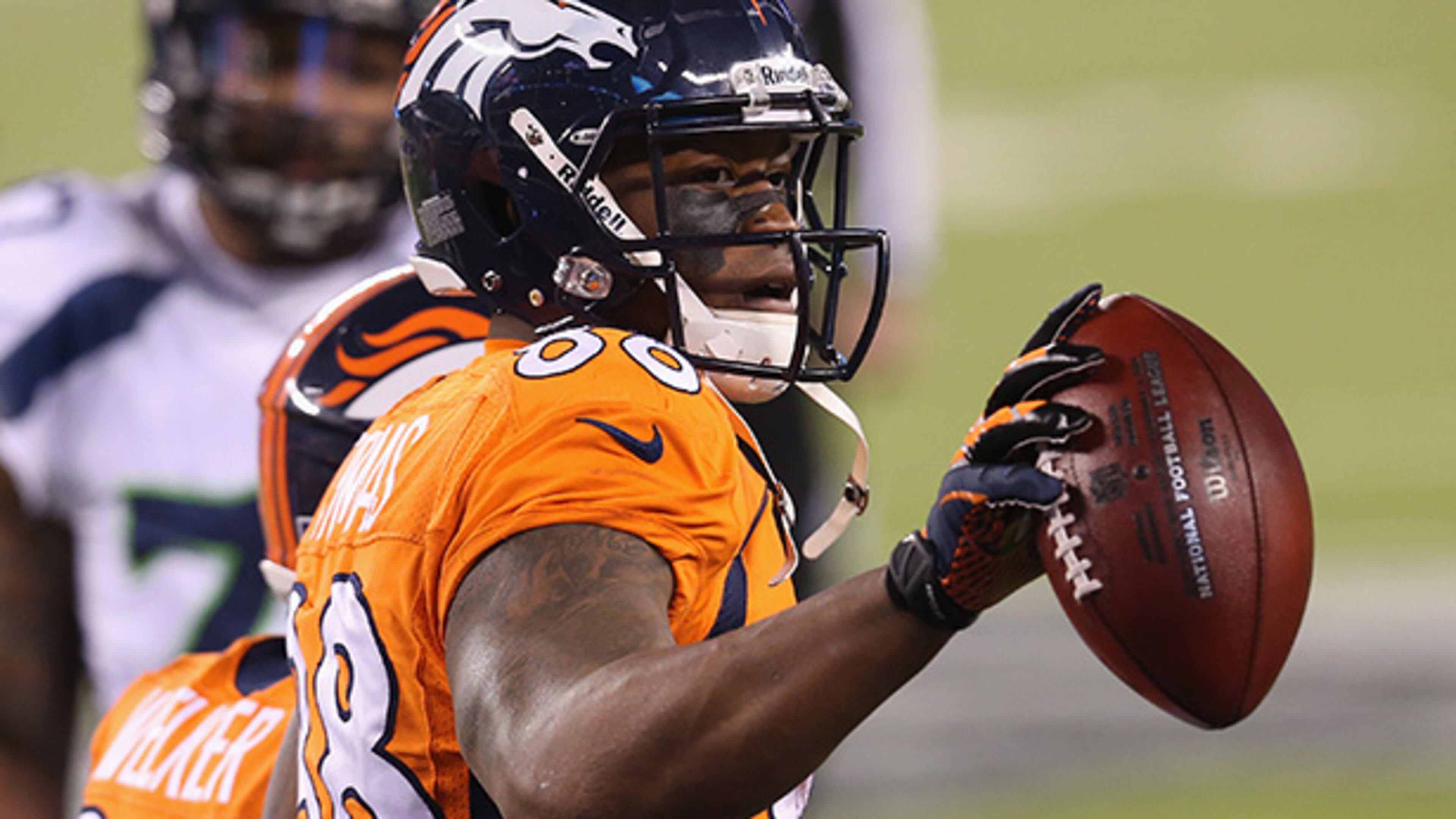 In Super Bowl XLVIII, Demaryius Thomas set the record for most receptions with 13 in the Denver Broncos’ losing effort.
