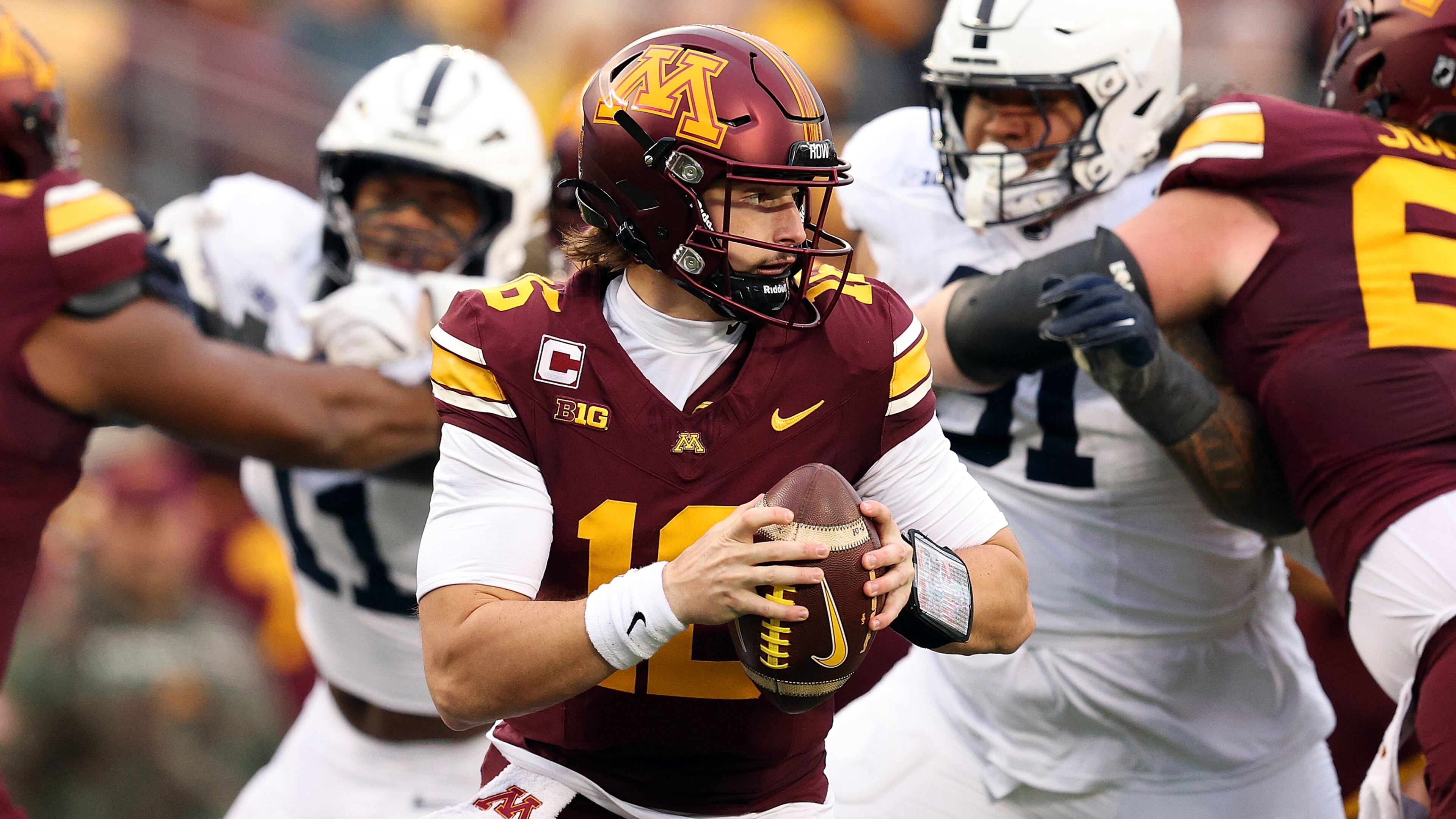 Minnesota quarterback Max Brosmer (16) looks to pass against Penn State in the second quarter at Huntington Bank Stadium on Saturday, Nov. 23, 2024, in Minneapolis. (David Berding/Getty Images/TNS)