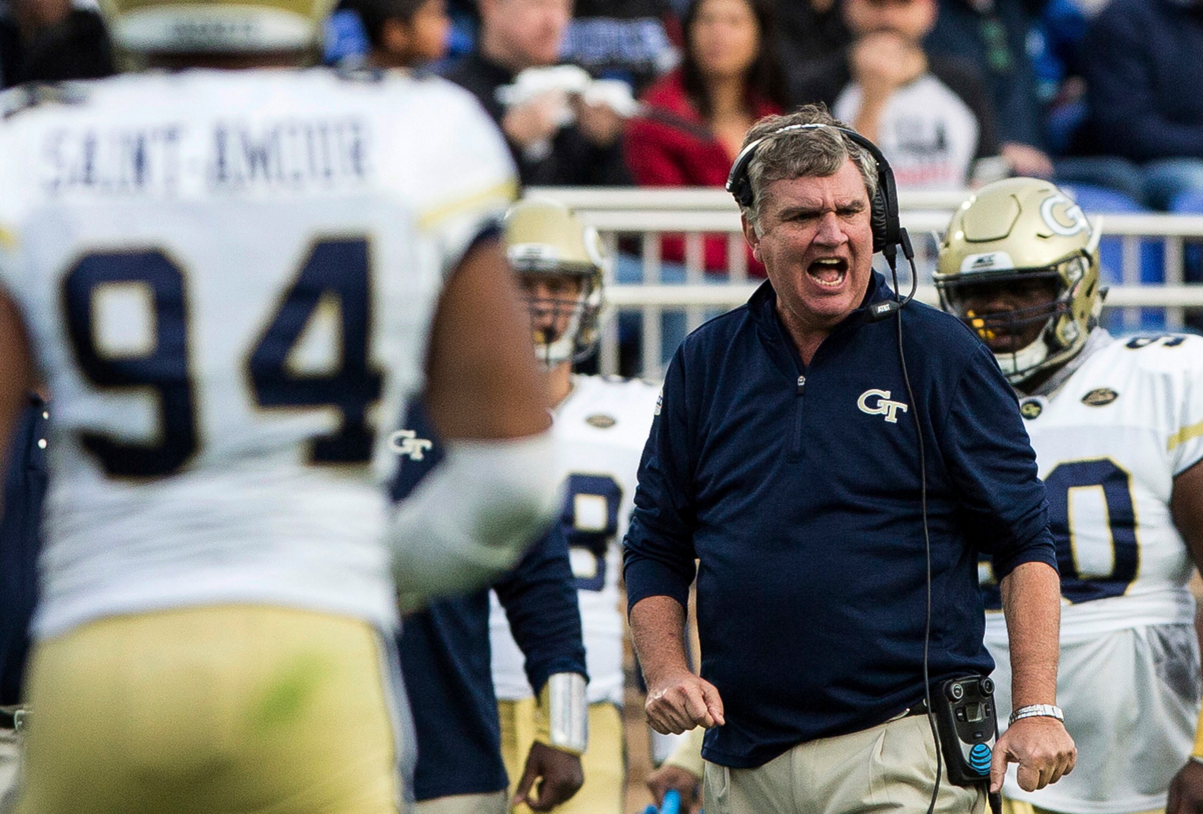 Georgia Tech head coach Paul Johnson shouts to his team during the first half of an NCAA college football game against Duke in Durham, N.C., Saturday, Nov. 18, 2017. (AP Photo/Ben McKeown)
