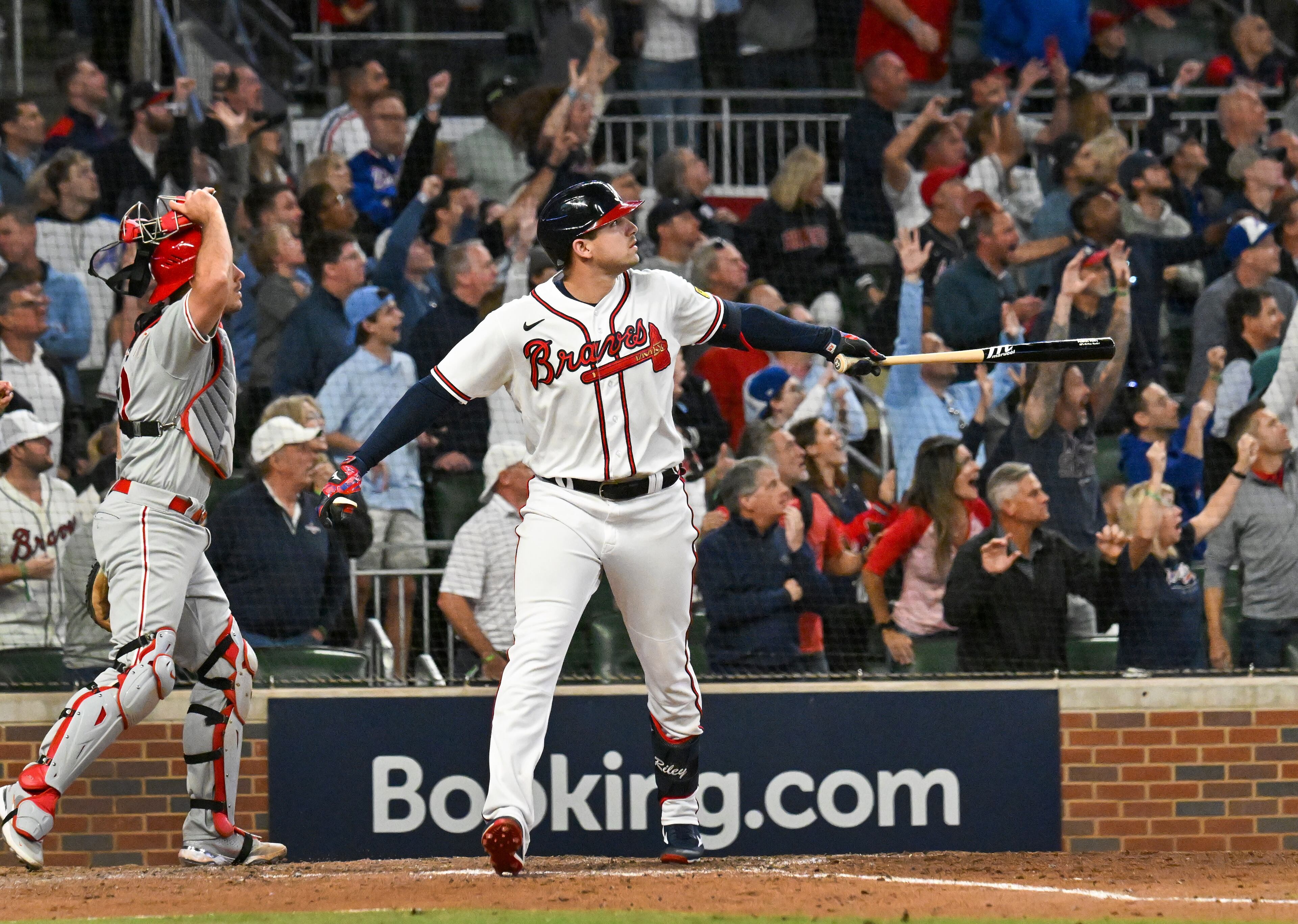 Atlanta Braves’ Austin Riley (27) hits a two-run home run against the Philadelphia Phillies during the eighth inning of NLDS Game 2 in Atlanta on Monday, Oct. 9, 2023. (Hyosub Shin / Hyosub.Shin@ajc.com)