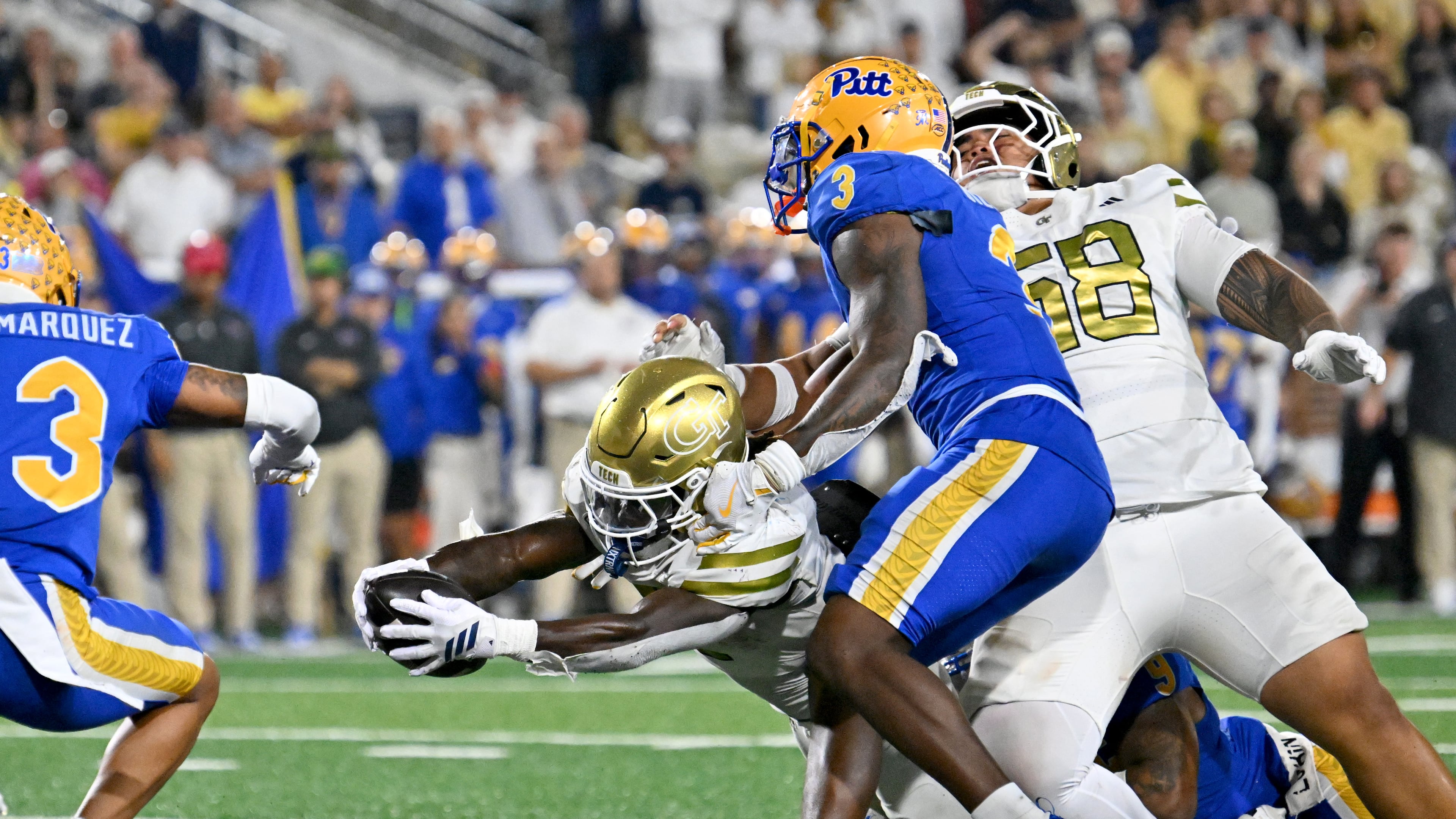 Georgia Tech running back Jamal Haynes (1) dives into the end zone for a touchdown during the second half in an NCAA college football game at Bobby Dodd Stadium, Saturday, November 22, 2025, in Atlanta. Pittsburgh won 42-28 over Georgia Tech. (Hyosub Shin/AJC)