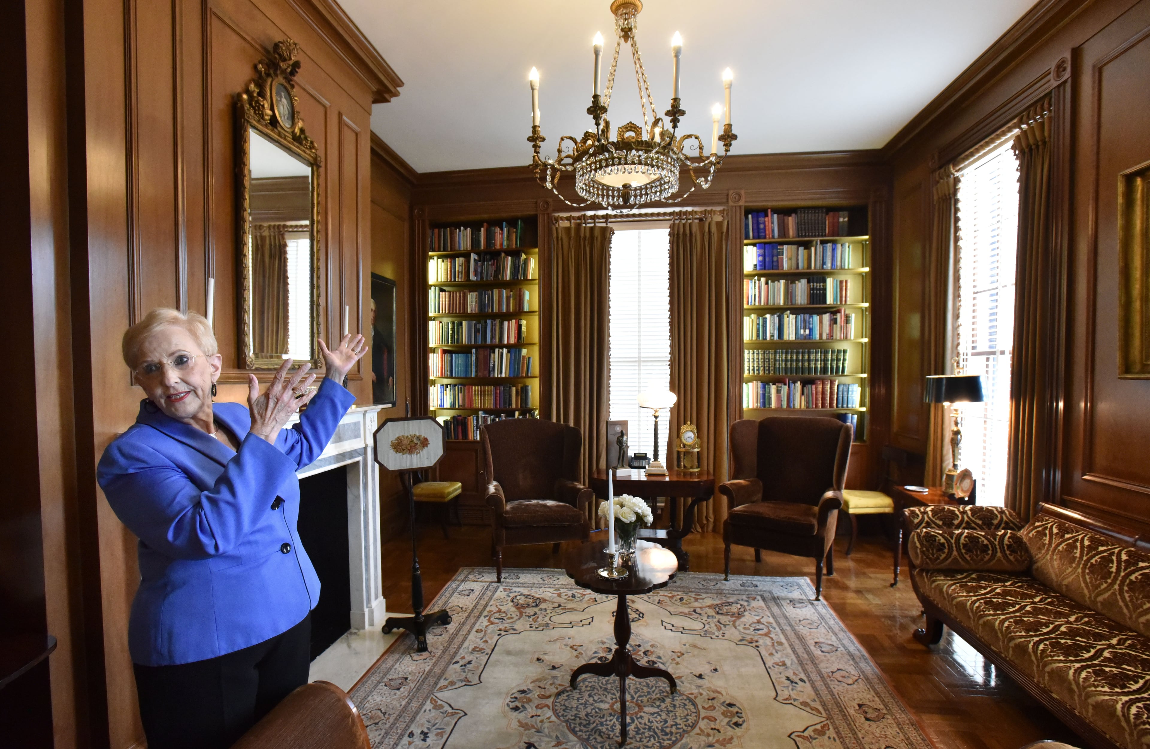 First Lady Sandra Deal shows the library at The Governor's Mansion on Wednesday, Sept. 9, 2015. The library is the favorite room for all of the governors, and holds many books by Georgia authors, most of them first editions. Some of the authors represented include Joel Chandler Harris, Carson McCullers, Flannery O'Connor, Erskine Caldwell, Sidney Lanier, Zell Miller and Margaret Mitchell. Many books in the library are signed by their authors. HYOSUB SHIN / HSHIN@AJC.COM