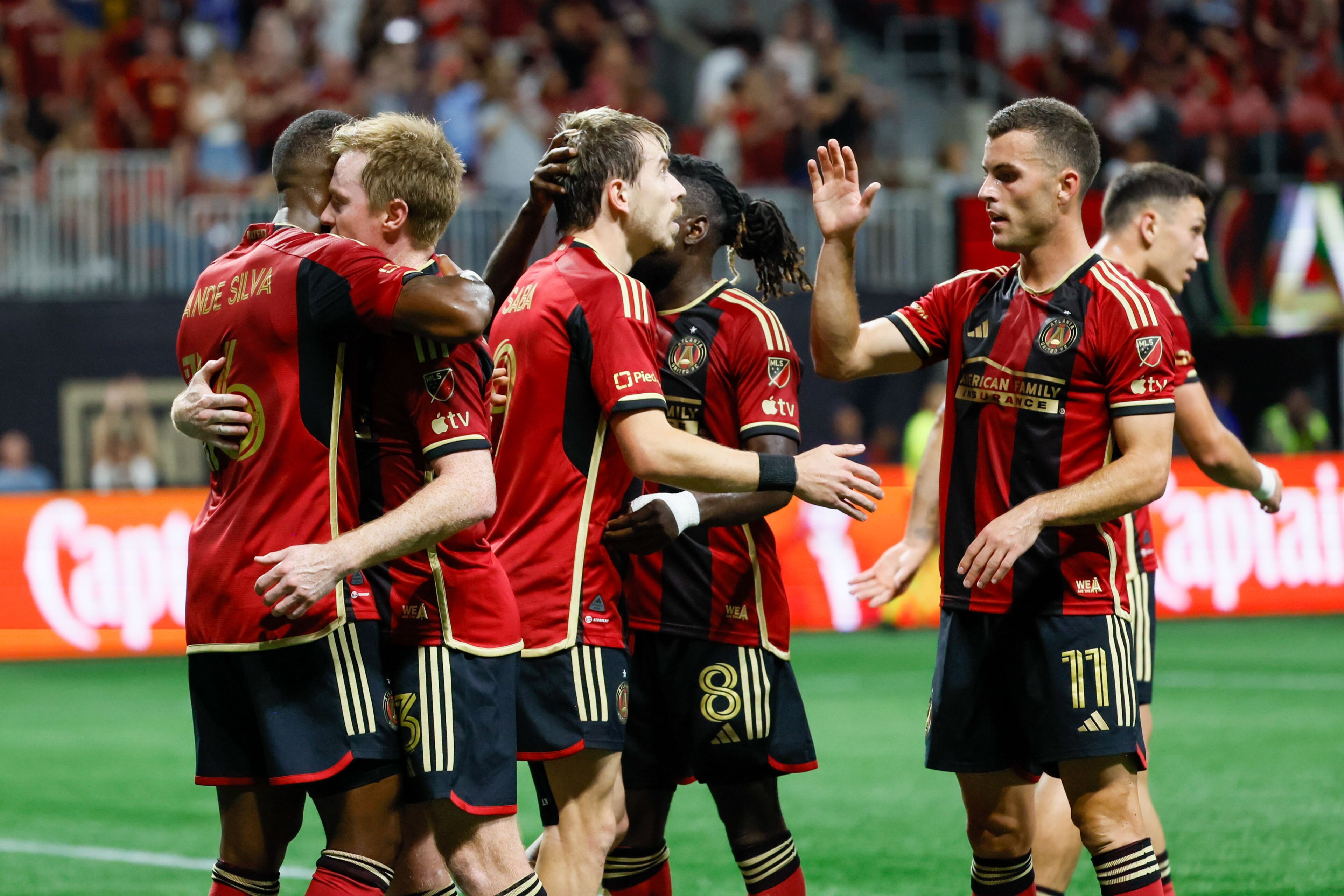 Atlanta United players celebrate as midfielder Saba Lobzhanidze (9) scores the second goal against New York City at Mercedes-Benz Stadium on Wednesday, July 17, 2024.
(Miguel Martinez/ AJC)
