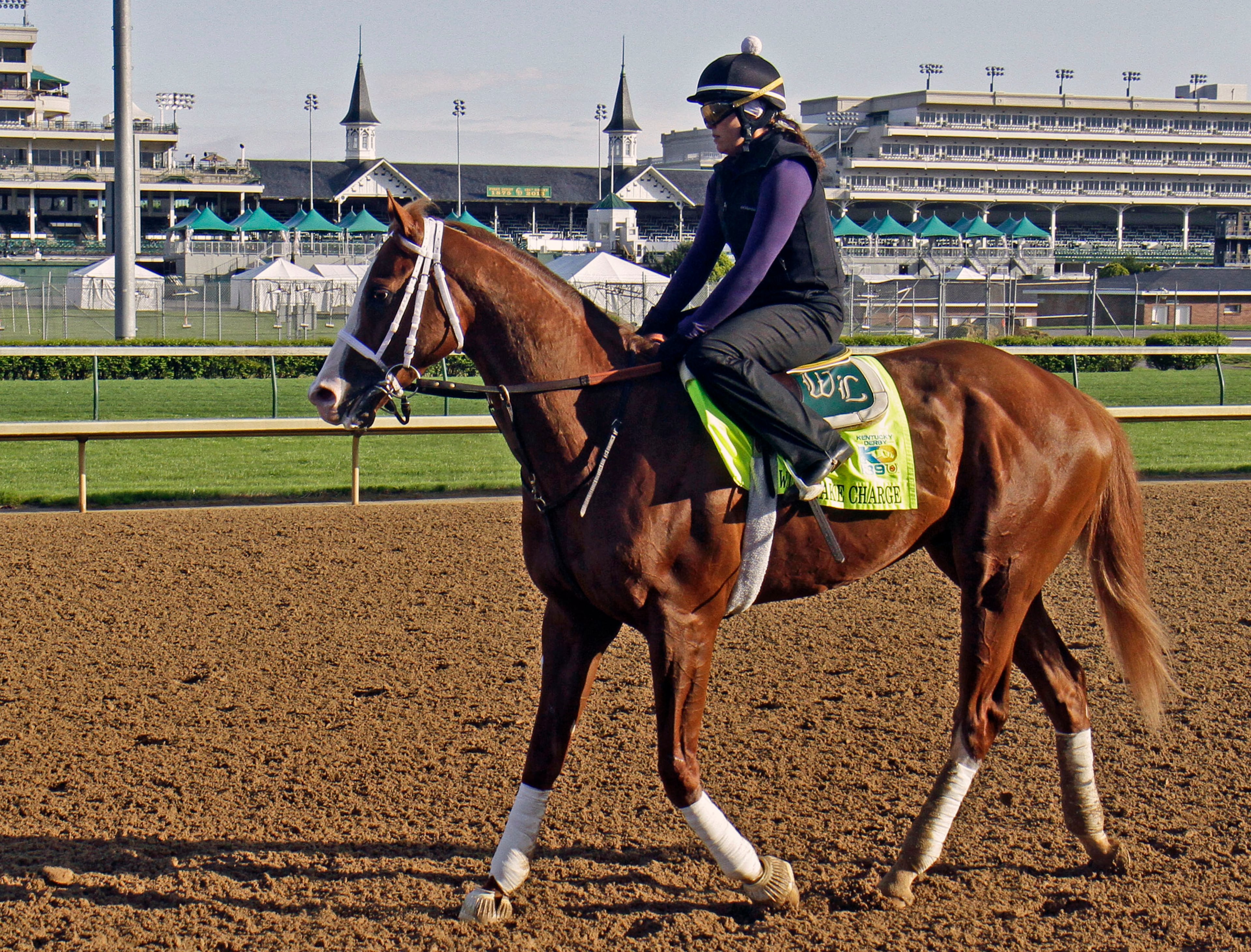 Kentucky Derby hopeful Will Take Charge, with exercise rider Taylor Carty aboard, walks the wrong way on the race track at Churchill Downs, Sunday, April 28, 2013, in Louisville, Ky. (AP Photo/Garry Jones)