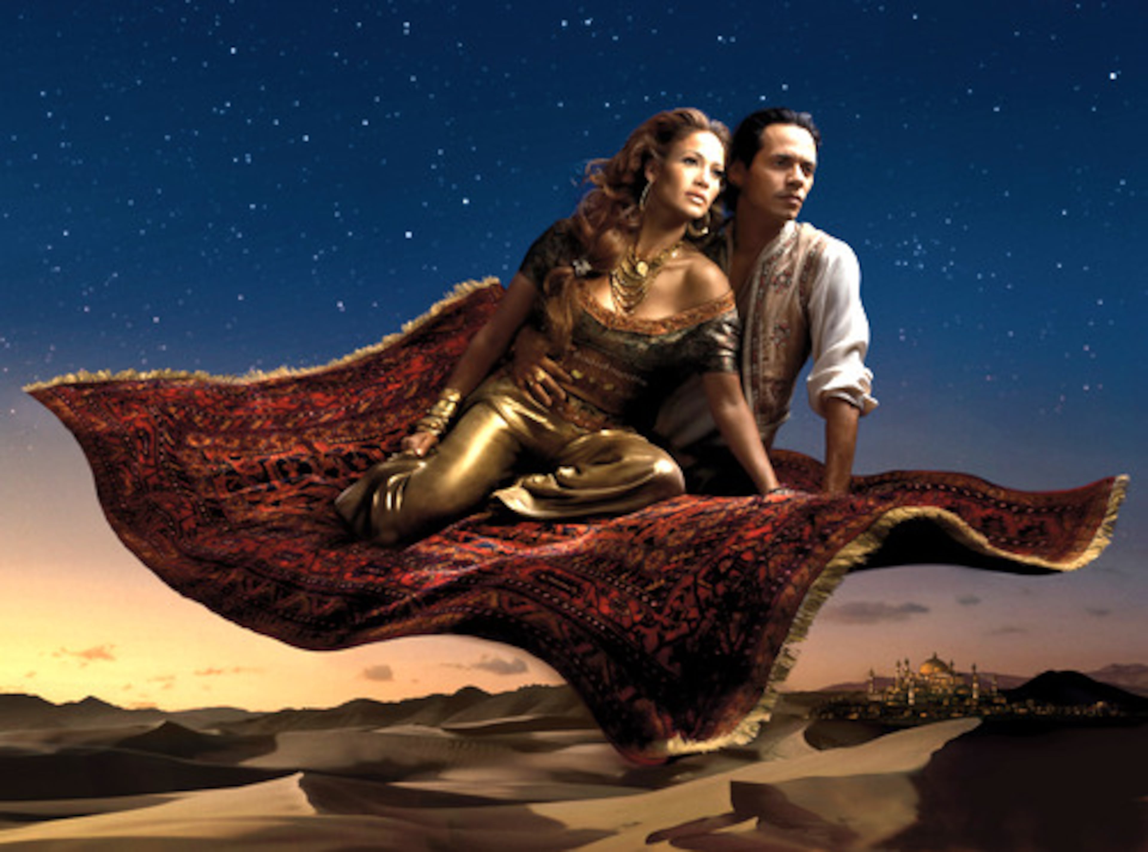 This photo illustration shows Lopez and Anthony soaring through the Arabian night in part two of a dream scene entitled 'Where a Whole New World Awaits.'
