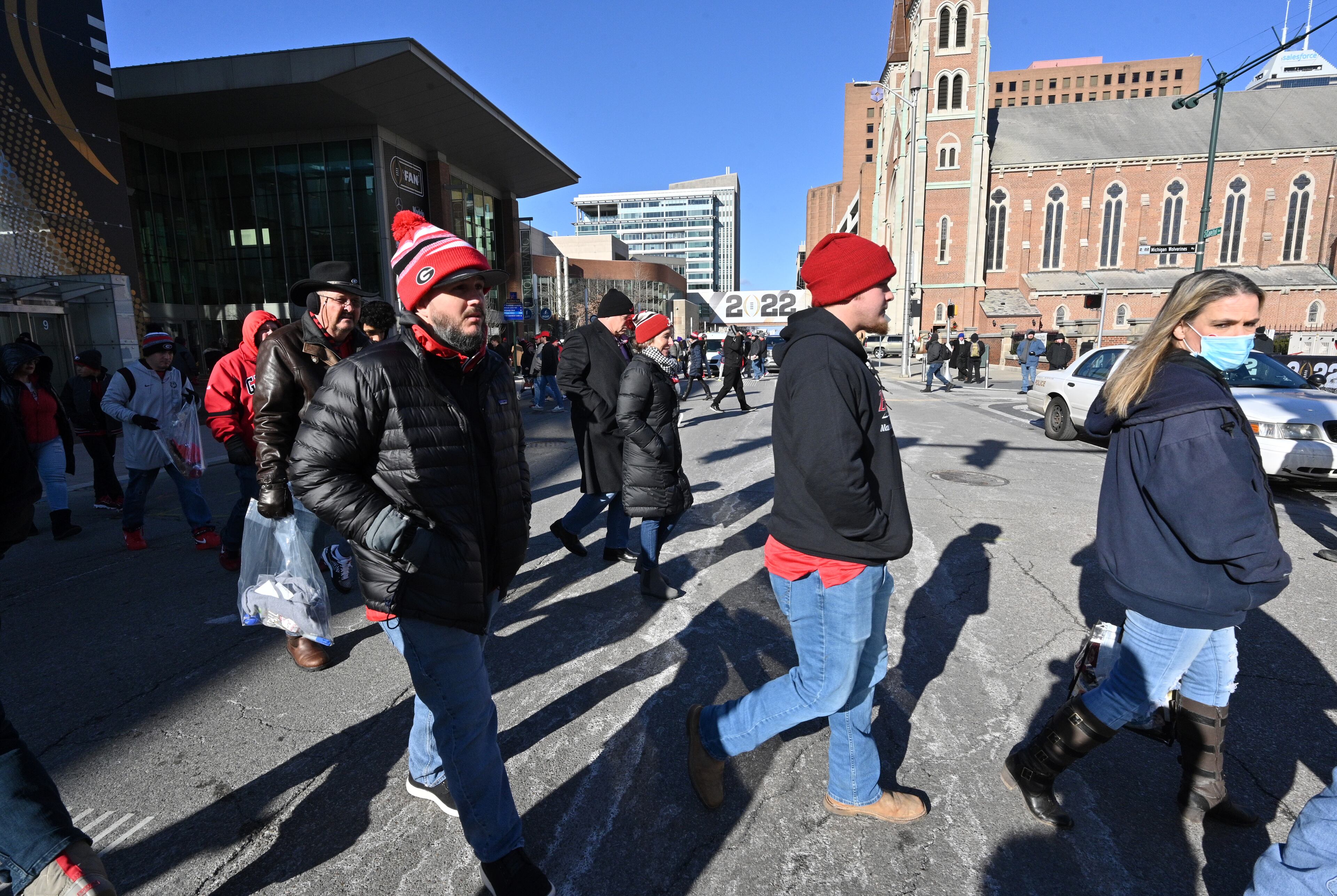 Georgia fans enjoy activities in downtown Indianapolis prior to the 2022 College Football Playoff National Championship Game at Lucas Oil Stadium in Indianapolis on Monday, January 10, 2022. (Hyosub Shin / Hyosub.Shin@ajc.com)