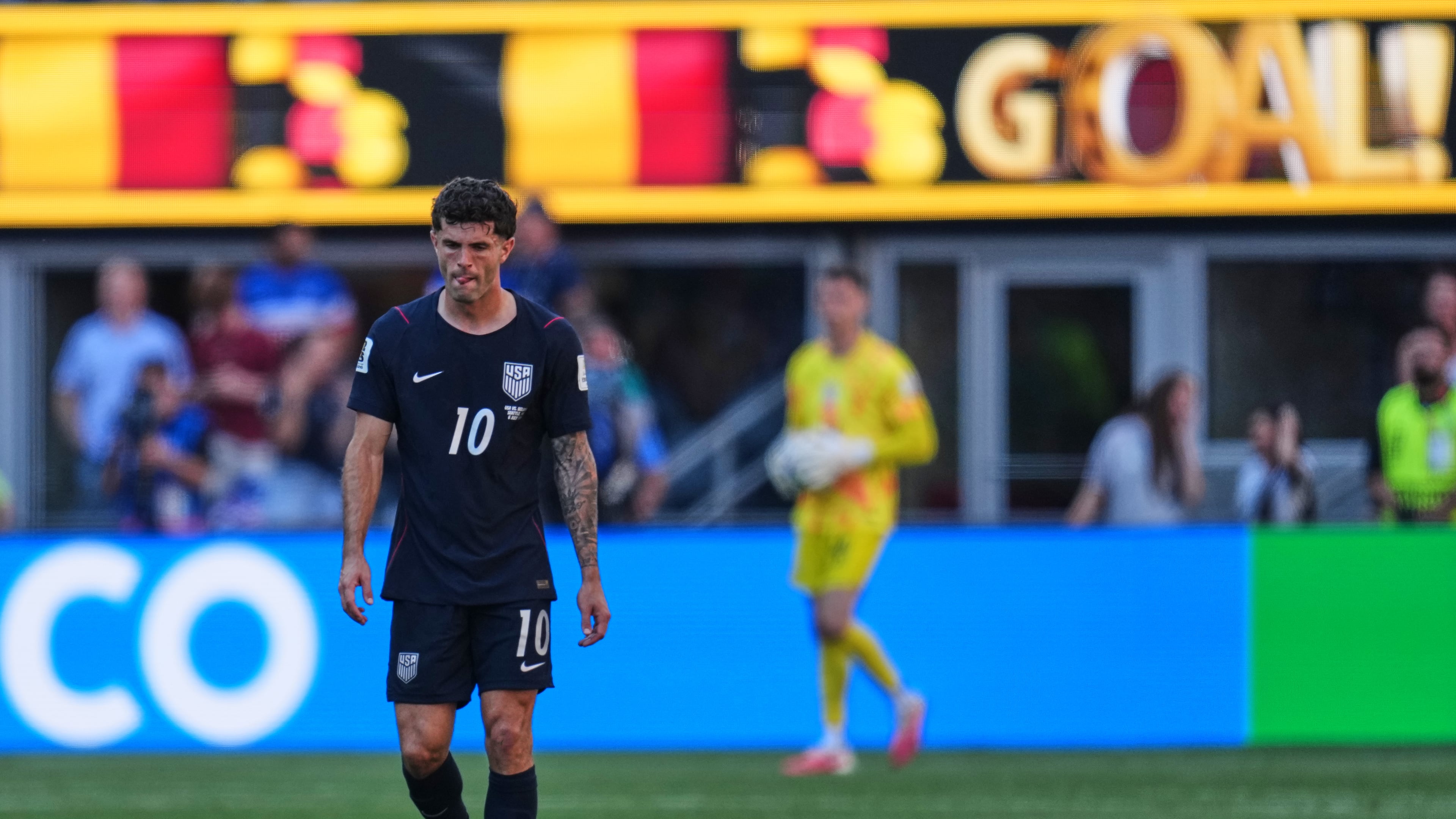 United States' Christian Pulisic (10) reacts after Belgium scored a goal during the World Cup round of 16 soccer match between the United States and Belgium in Seattle, Monday, July 6, 2026. (AP Photo/Abbie Parr)