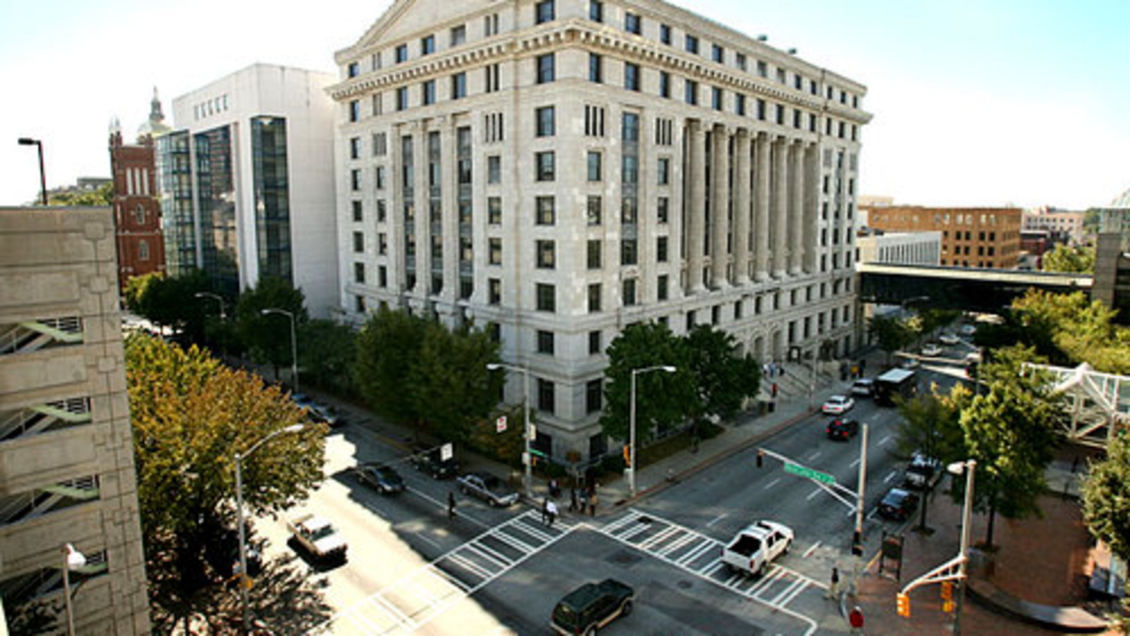 The scene of the trial: The Lewis R. Slaton Courthouse with the Fulton County Justice Center Tower.