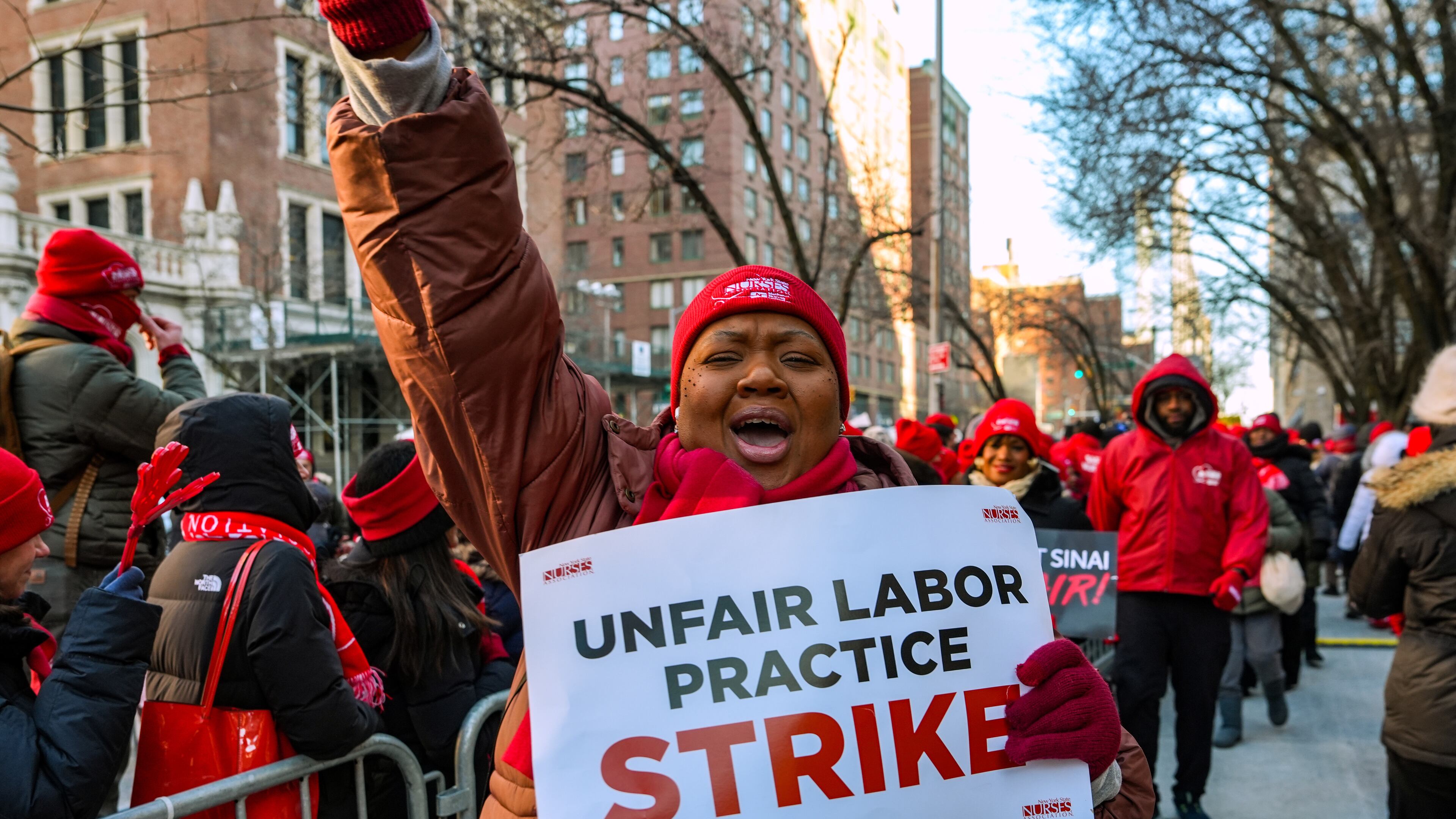 Members of the New York State Nurses Association union picket outside Mount Sinai West Hospital, Tuesday, Jan. 20, 2026, in New York. (AP Photo/Ryan Murphy)