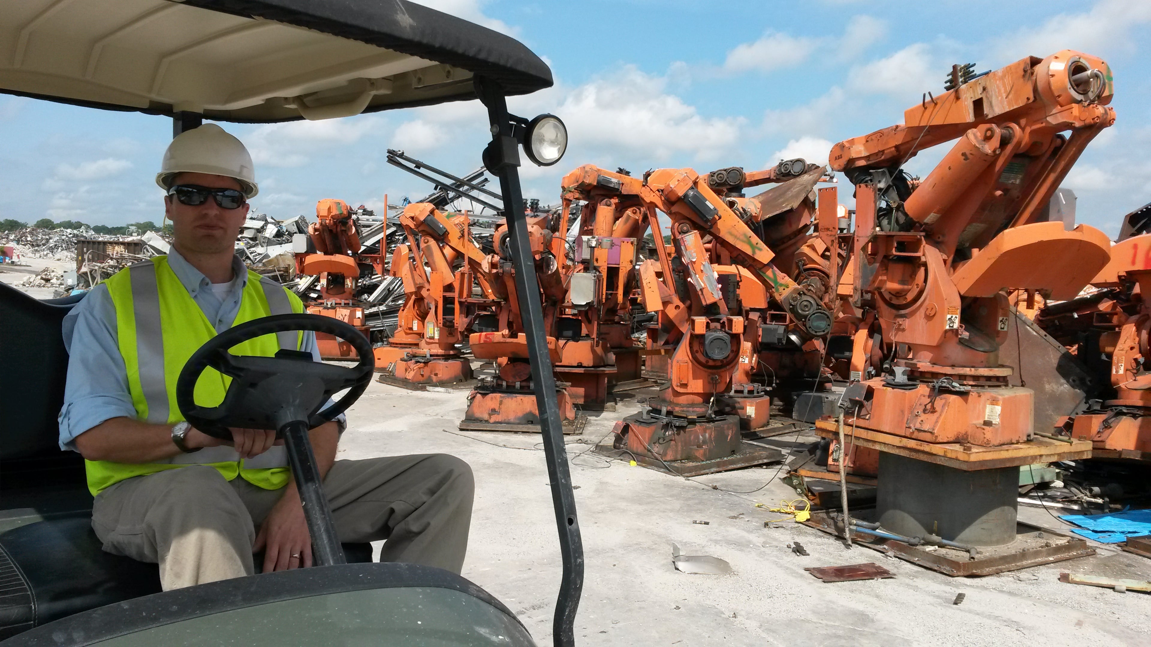Among the items left behind at GM's former assembly plant in Doraville were orange welding machines weighing 6,500 pounds apiece. Site manager Jimmy Penson said some may be turned into sculptures as the site is developed. MATT KEMPNER / AJC