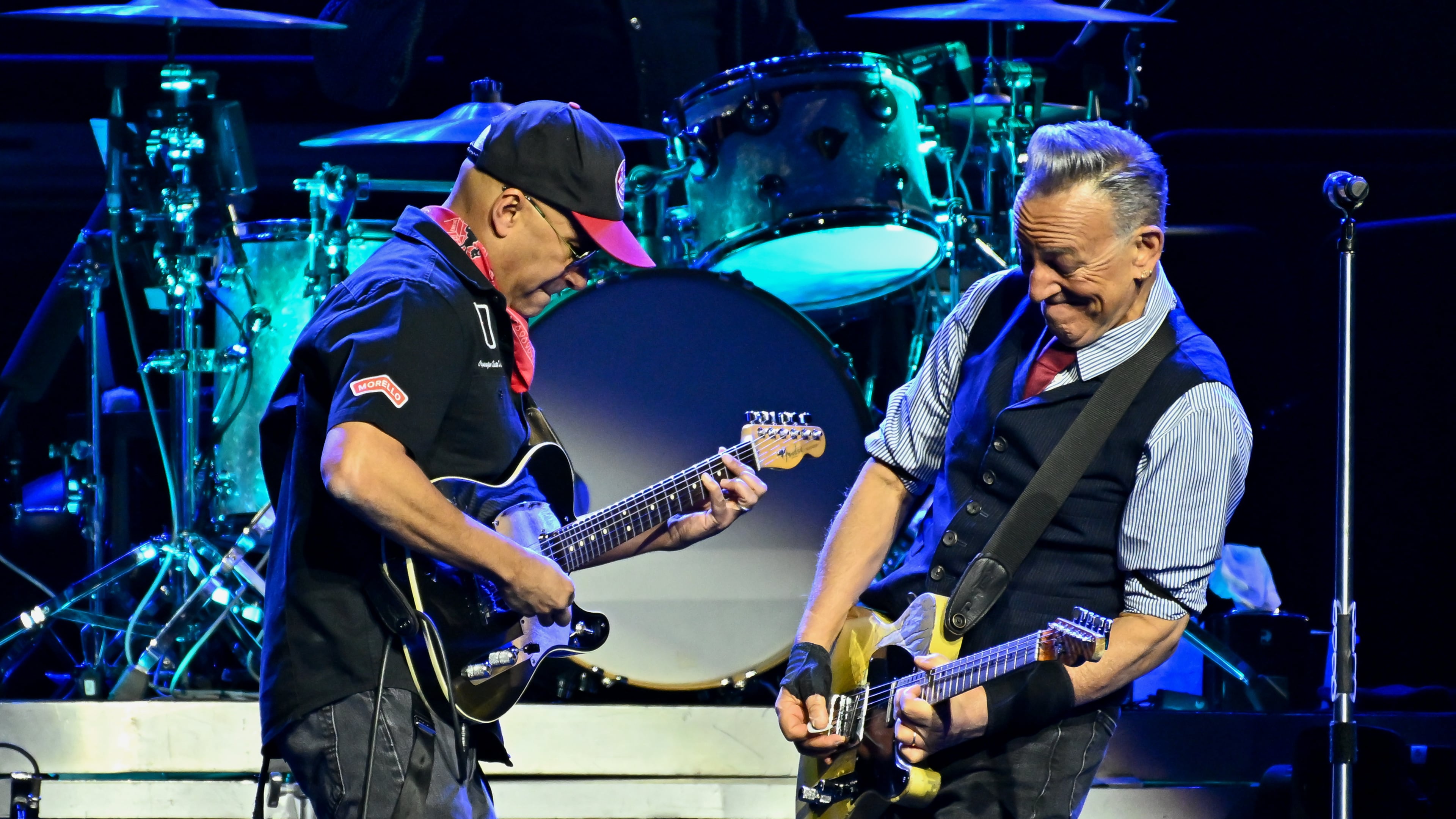 Tom Morello, left, and Bruce Springsteen perform during the "Land of Hope and Dreams" tour at Madison Square Garden on Monday, May 11, 2026, in New York. (Photo by Evan Agostini/Invision/AP)