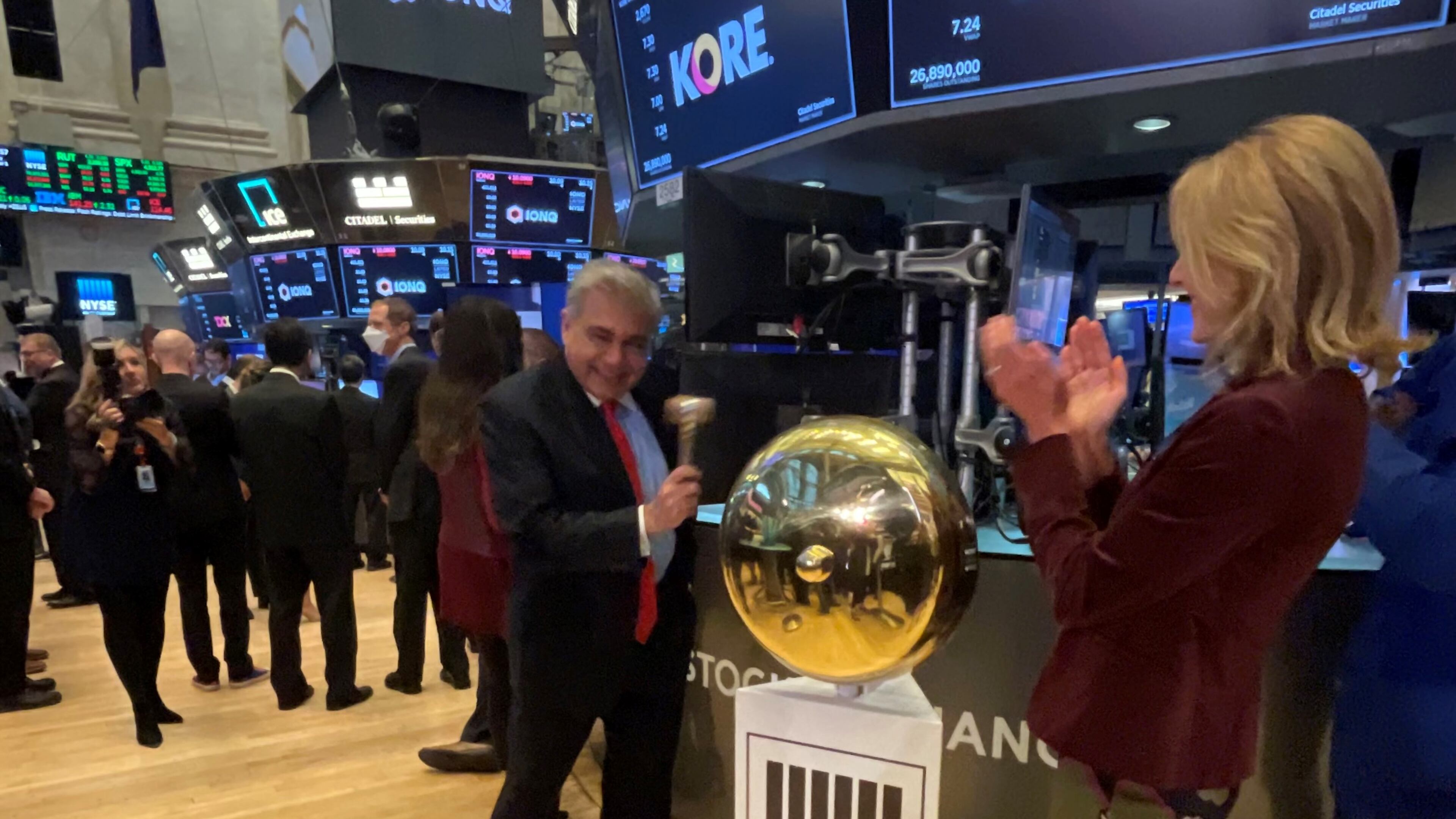 Alpharetta-based tech company KORE Global Holdings became a publicly traded company Friday, with its shares trading on the New York Stock Exchange. Company chief executive officer Romil Bahl rang the trading floor bell. Photo courtesy of KORE.