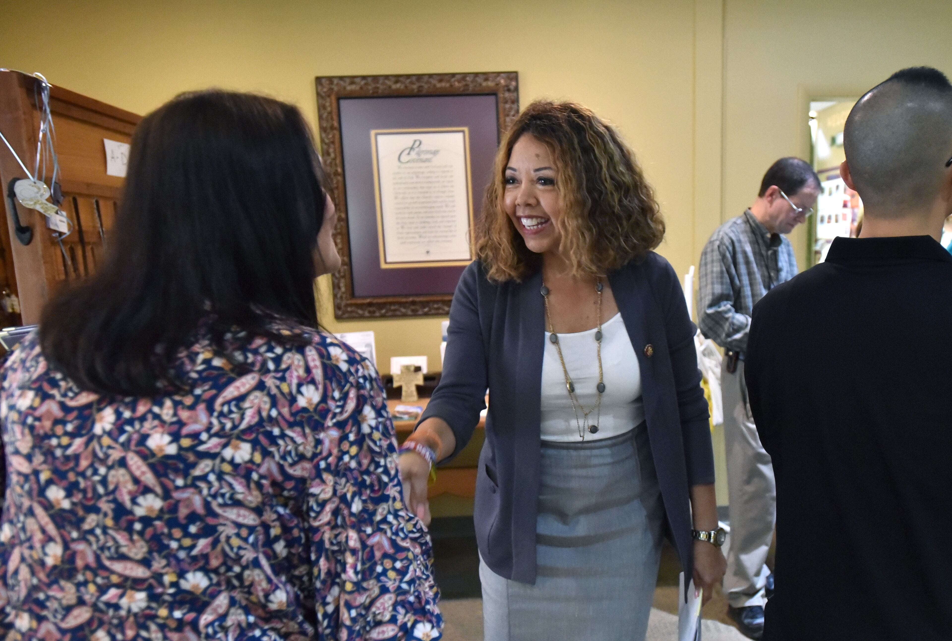 U.S. Rep Lucy McBath greets supporters with handshakes before her "Community Listening Session" at Pilgrimage United Church of Christ in Marietta on Saturday, April 13, 2019. The Democrat heard about issues affecting the communities and residents of the 6th District. HYOSUB SHIN / HSHIN@AJC.COM