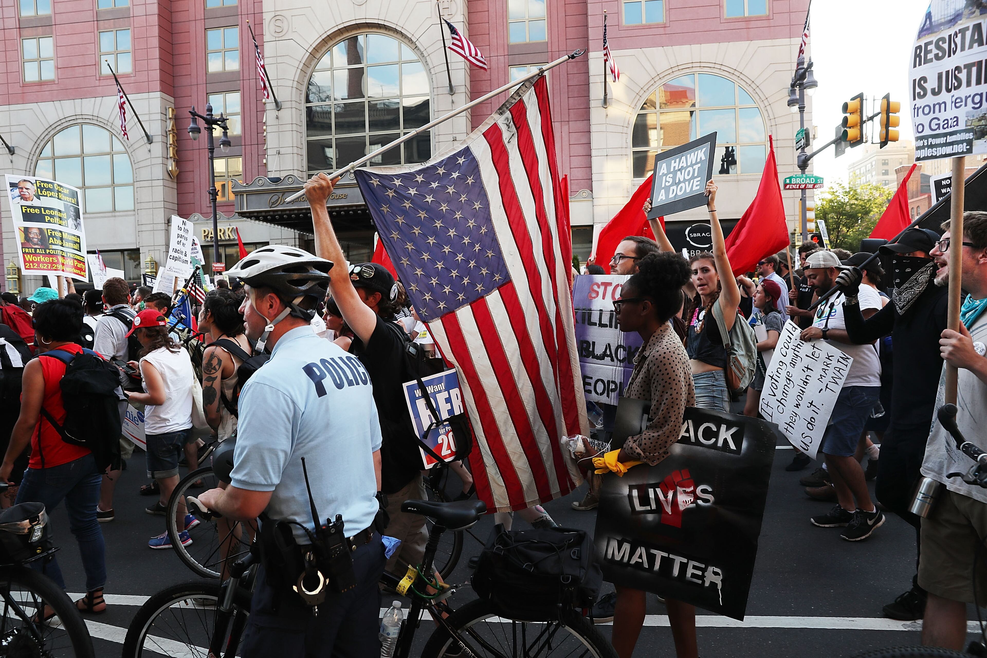 Black Lives Matter protesters march through downtown Philadelphia during the Democratic National Convention (DNC) on July 26, 2016 in Philadelphia. (Photo by Spencer Platt/Getty Images)