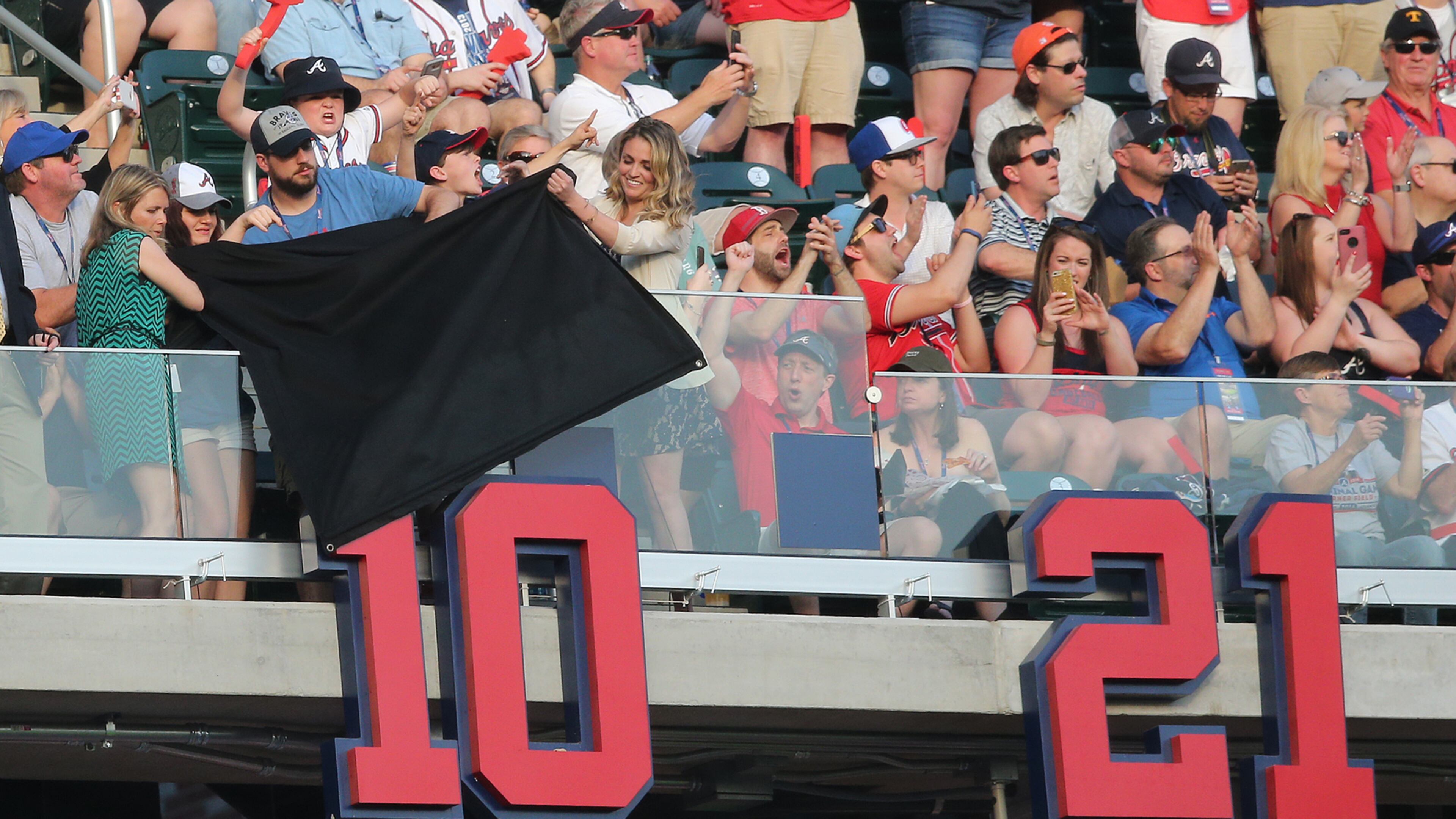 Chipper Jones number is unveiled during the Braves home opener against the Padres at SunTrust Park on Friday, April 14, 2017.