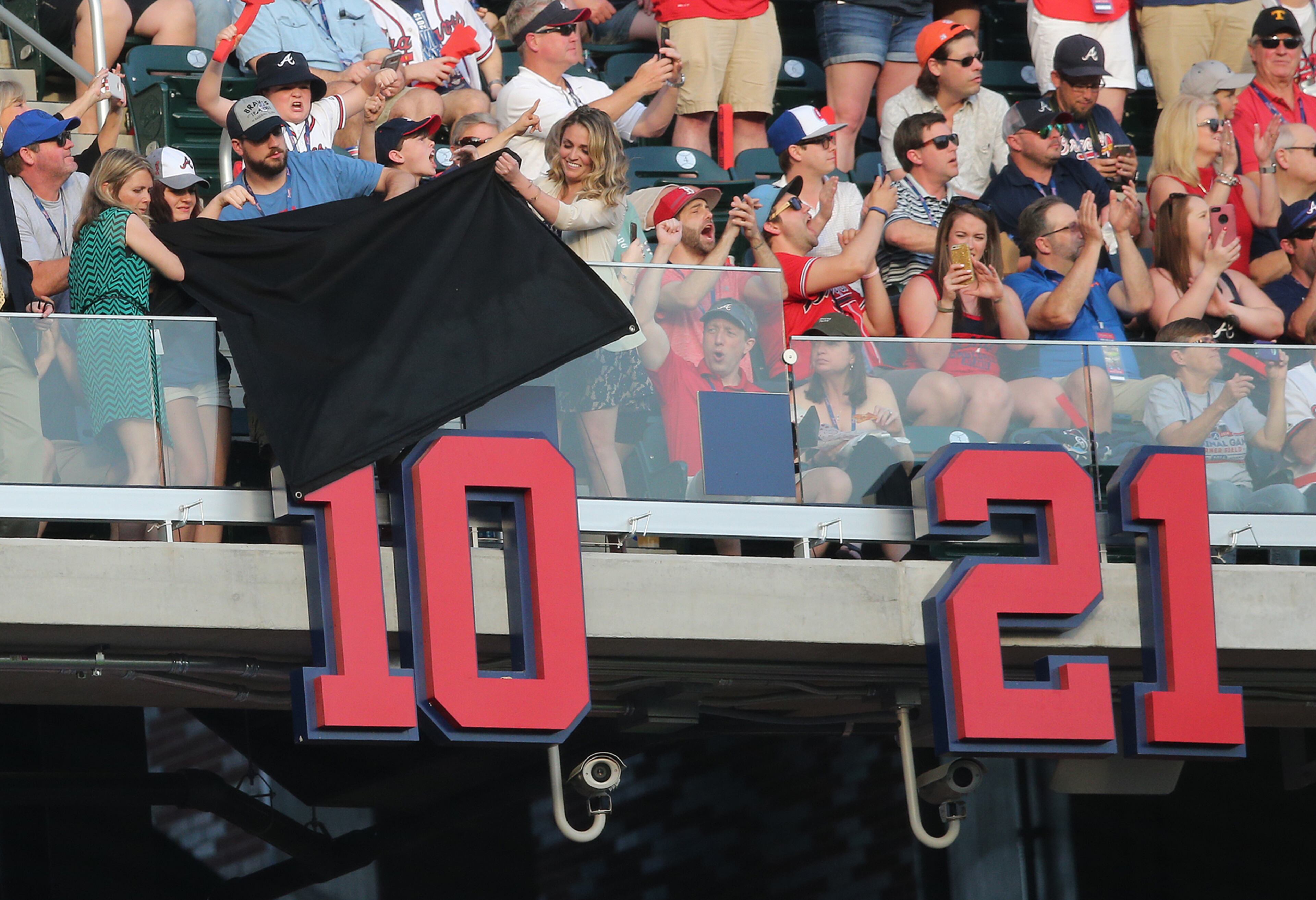 Chipper Jones number is unveiled during the Braves home opener against the Padres at SunTrust Park on Friday, April 14, 2017.