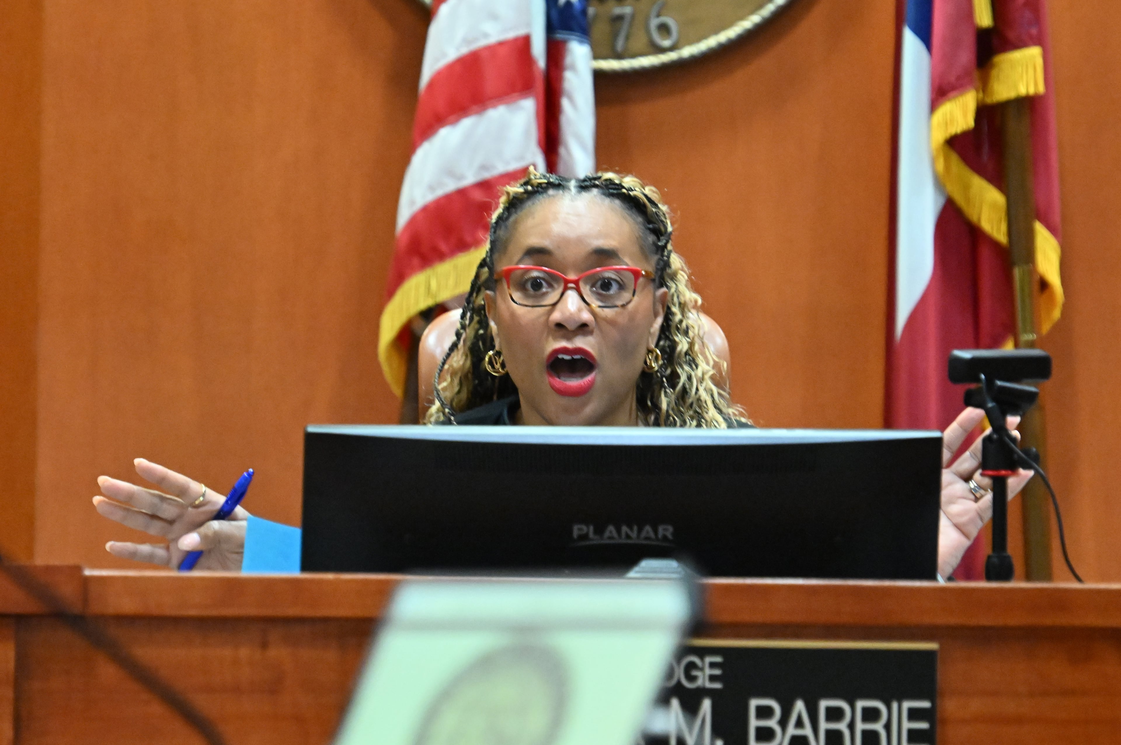 Superior Court Judge Tangela Barrie presides during a hearing for Sumanth and Anindita Rao in April 2026. (Hyosub Shin/AJC)