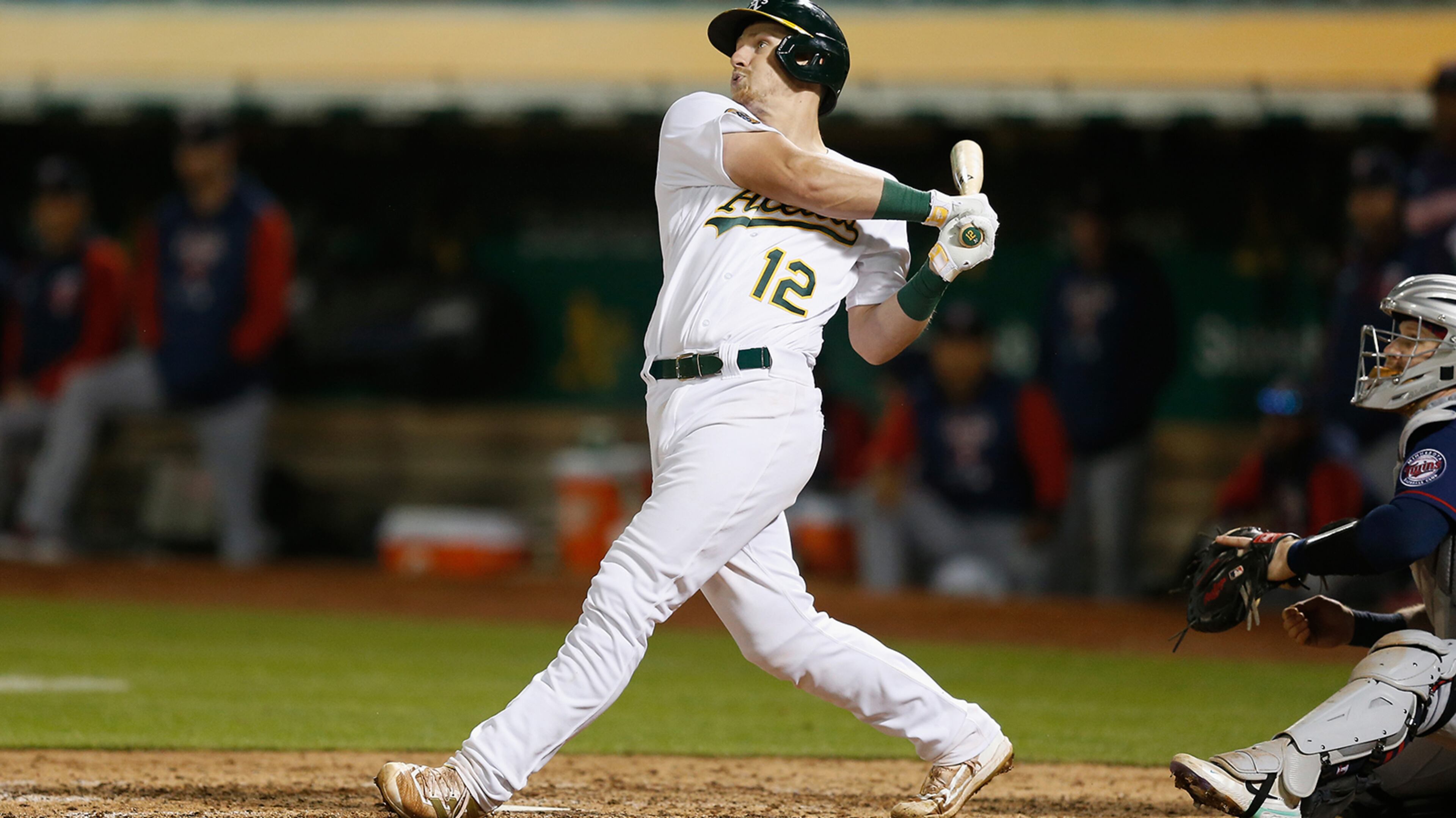 Sean Murphy of the Oakland Athletics hits a two-run single in the bottom of the seventh inning against the Minnesota Twins at RingCentral Coliseum on May 17, 2022, in Oakland, California. (Lachlan Cunningham/Getty Images/TNS)