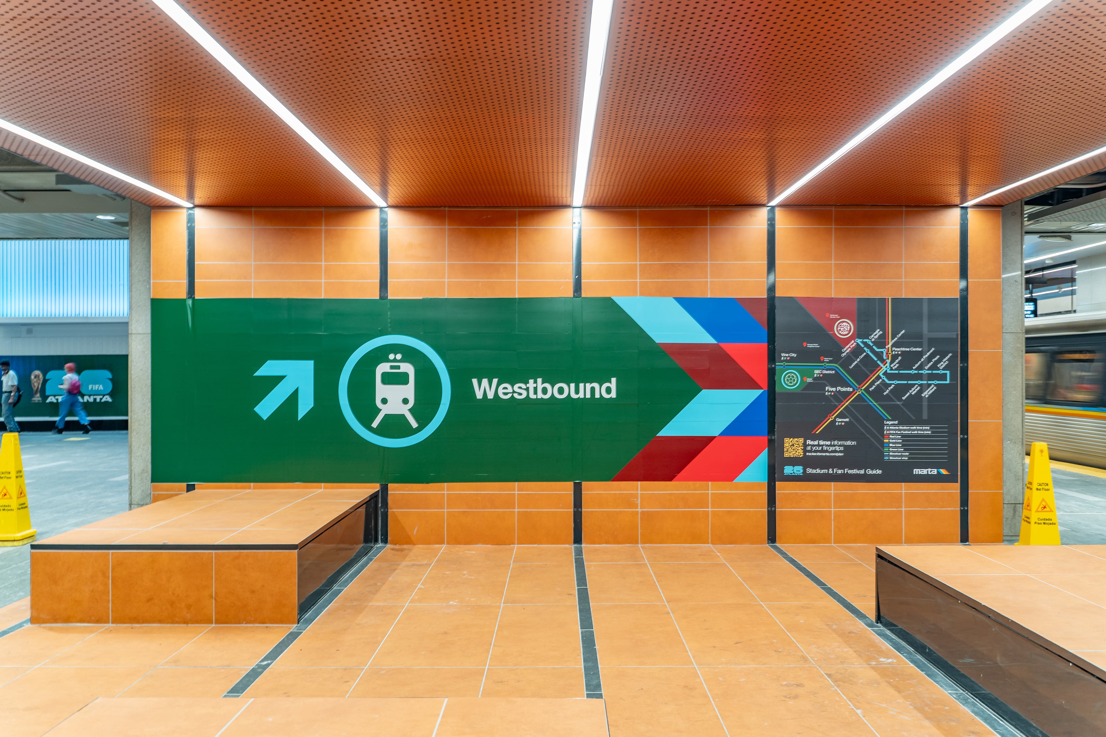 New signage is placed inside the Five Points MARTA station on Friday, June 5, 2026. (Ben Hendren for the AJC)