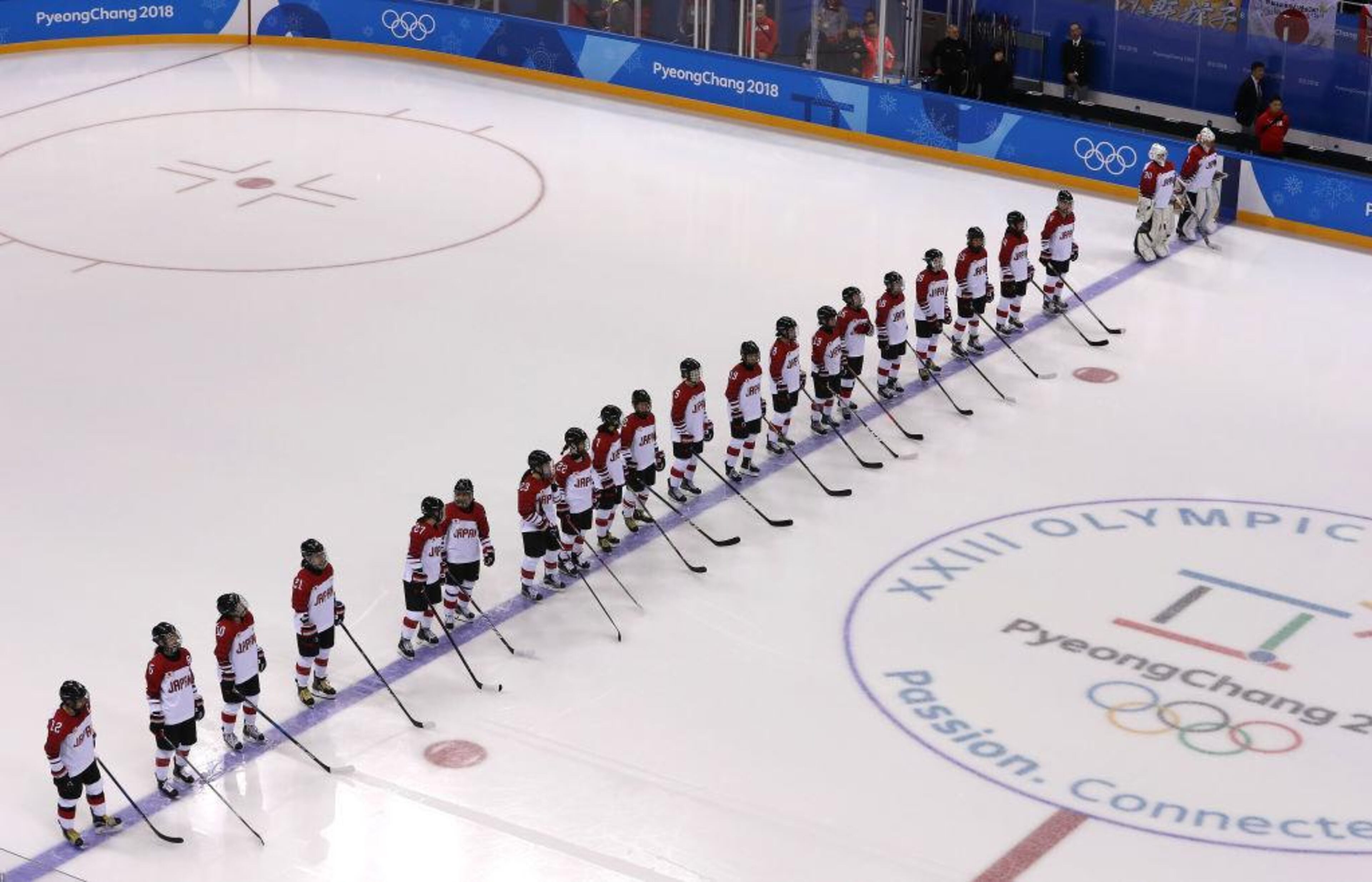 GANGNEUNG, SOUTH KOREA - FEBRUARY 10: Japan line up for the Women's Ice Hockey Preliminary Round, Group B match between Japan and Sweden on day one of the PyeongChang 2018 Winter Olympic Games at Kwandong Hockey Centre on February 10, 2018 in Gangneung, South Korea. (Photo by Robert Cianflone/Getty Images)