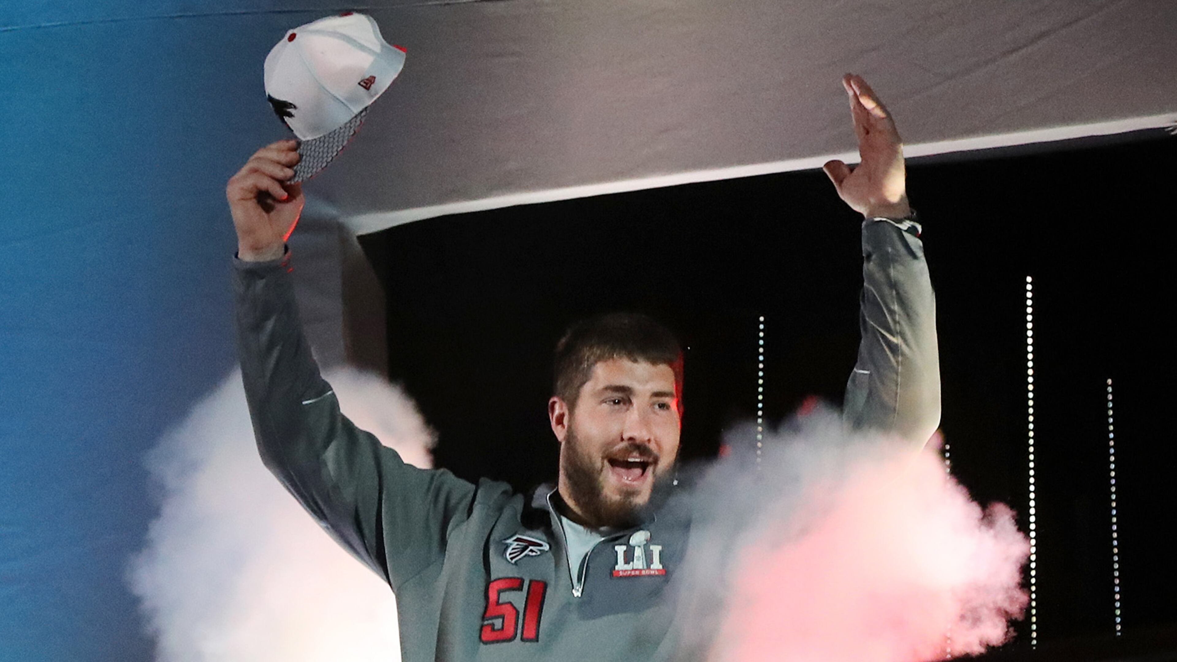 January 30, 2017, Houston: Falcons center Alex Mack is the first player to take the stage for Super Bowl Opening Night on Monday, Jan. 30, 2017, at Minute Maid Park in Houston. Curtis Compton/ccompton@ajc.com