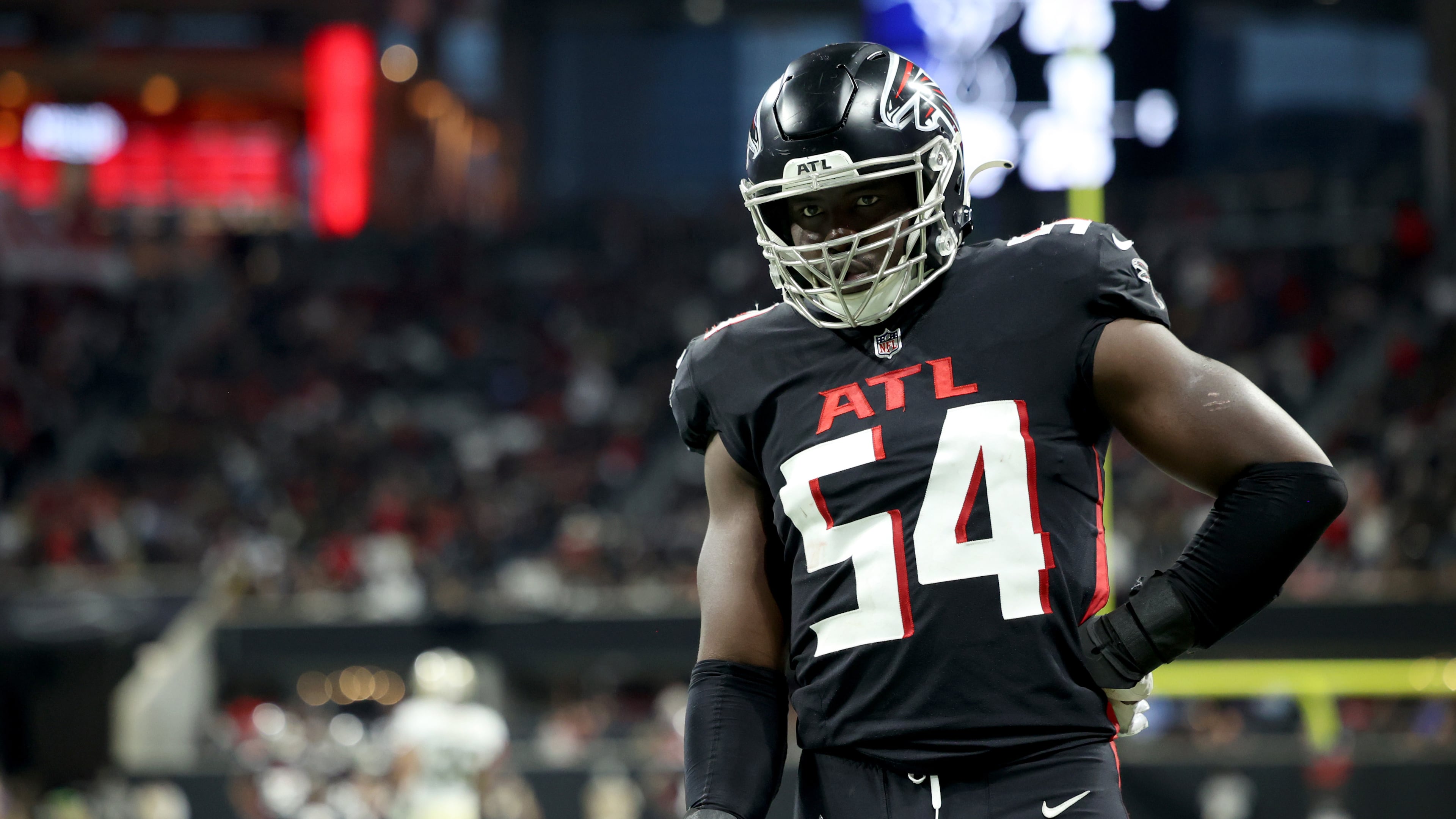 Atlanta Falcons inside linebacker Foye Oluokun (54) prepares to play on defense during the second half against the New Orleans at Mercedes-Benz Stadium, Sunday, January 9, 2022, in Atlanta. (Jason Getz/Special to the AJC)