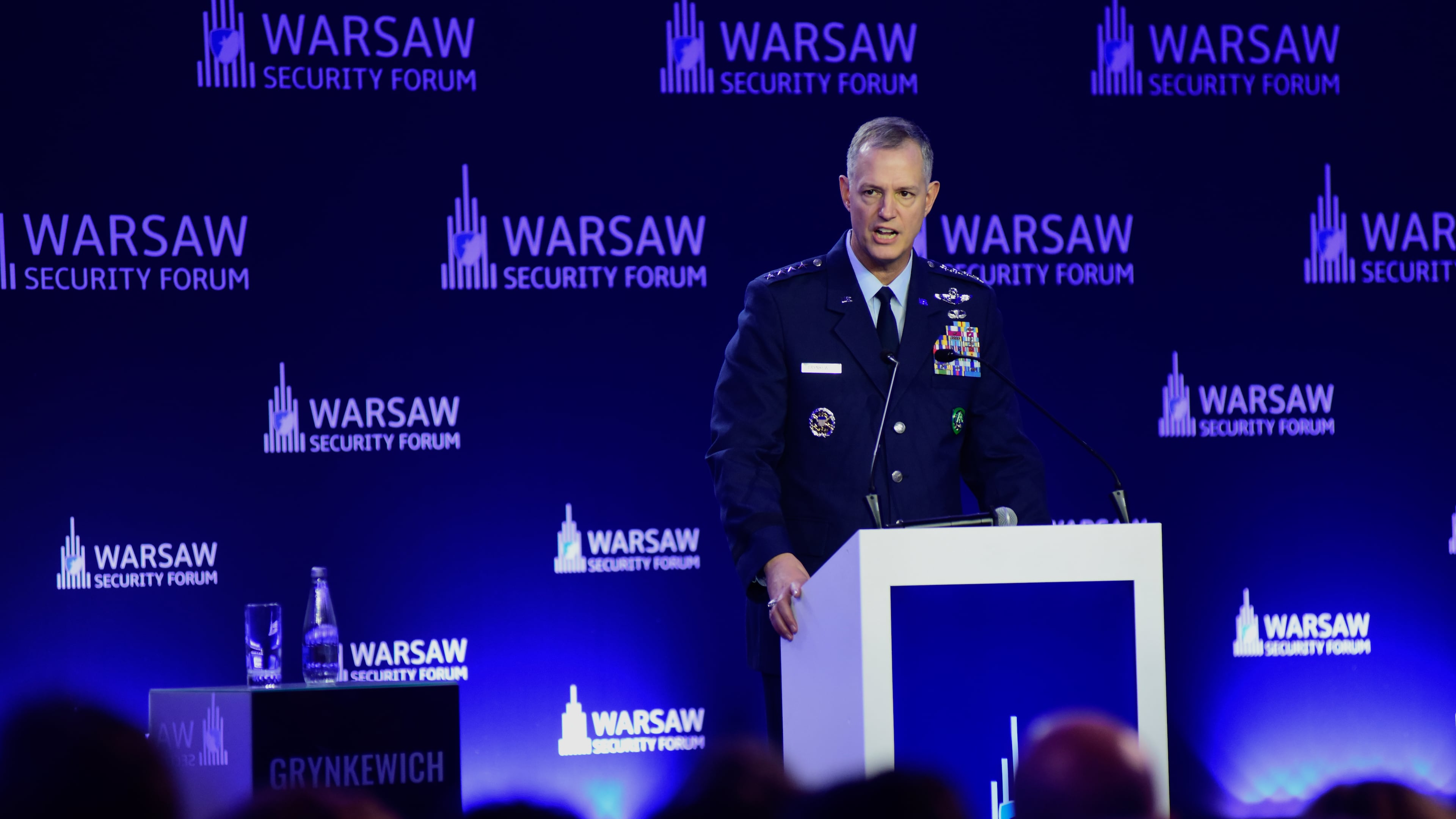 Air Force Gen. Alexus G. Grynkewich, commander of the United States European Command and Supreme Allied Commander Europe, speaks at the Warsaw Security Forum in Warsaw, Poland, Monday, Oct. 12, 2026. (AP Photo/Attila Husejnow)