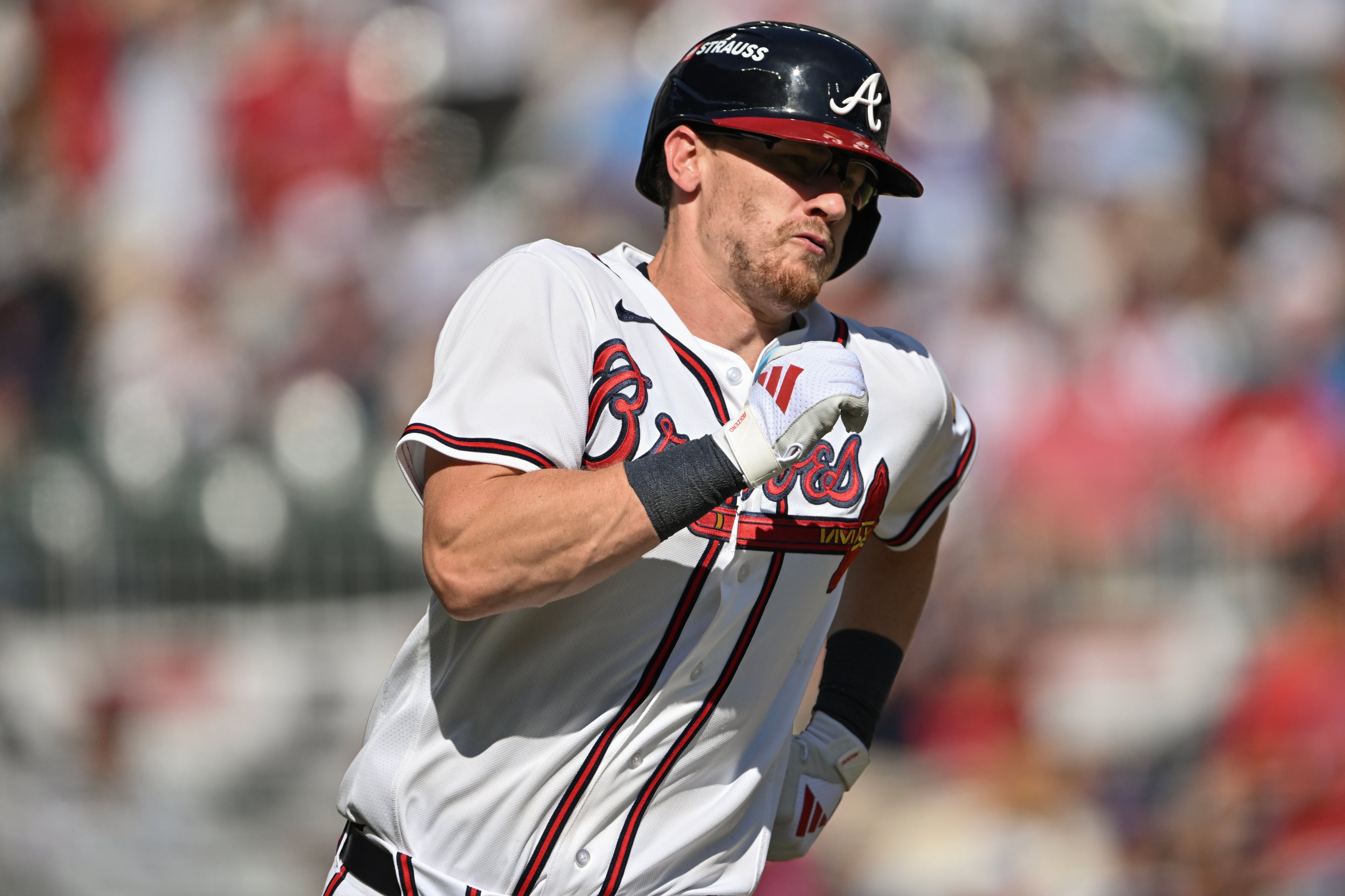 Braves catcher Sean Murphy runs after hitting a double against the Phillies during Game 2 of their NL Wild Card Series on Wednesday, Sept. 30, 2026, in Atlanta. (Hyosub Shin/AJC)