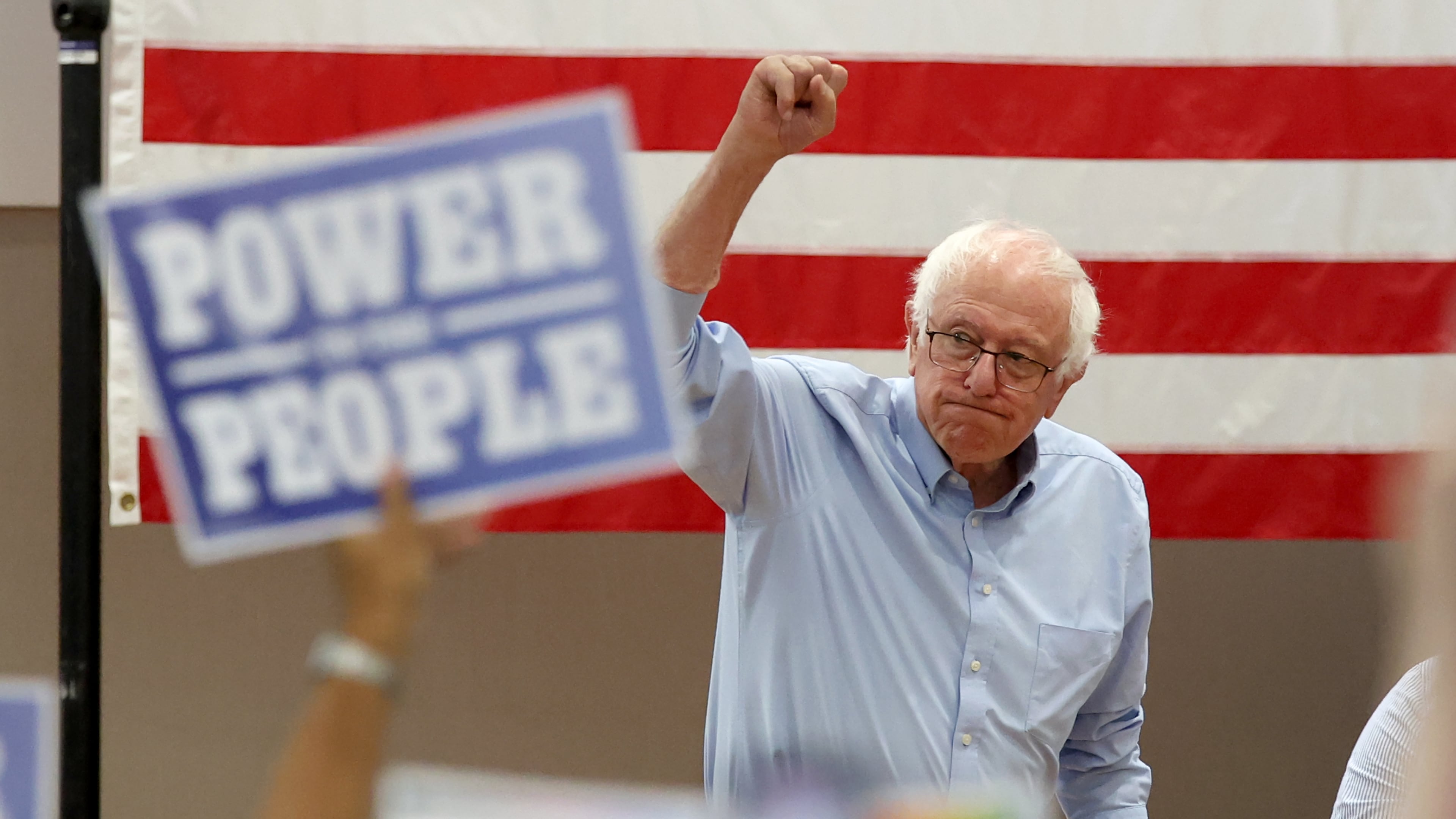 Sen. Bernie Sanders, I-Vt., walks onto the stage during a Get Out the Vote campaign event supporting Massachusetts Sen. Ed Markey in Boston, Saturday, Aug. 29, 2026. (AP Photo/Mark Stockwell)